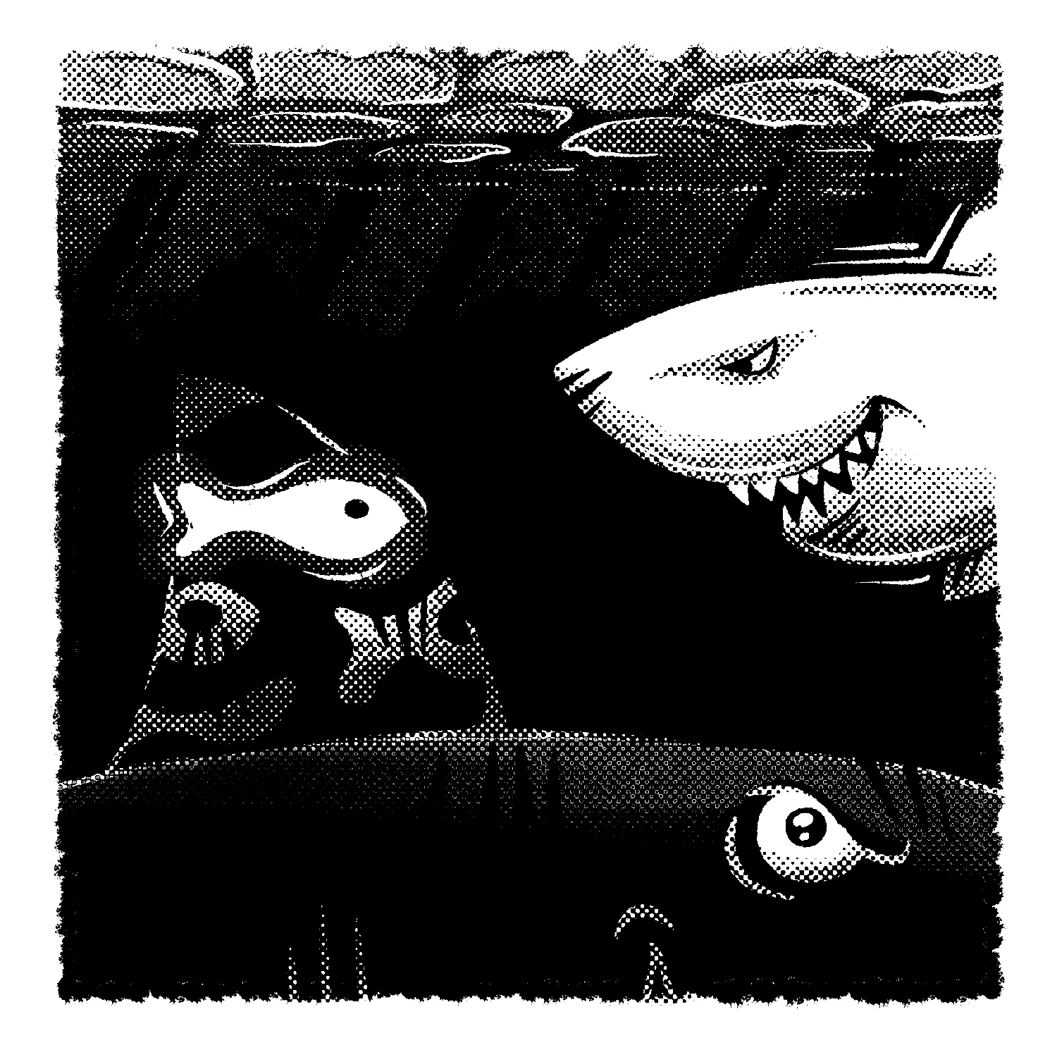 A black and white illustration of a shark looking at a glowing, fish-like shape in front of it, bearing its teeth and grinning. The fish shape is part of a pattern that fades to blackness, and appears to be the fin of a much larger shark, whose large, scowling eye is visible just below the first shark. A hint of a toothy grin on the larger shark is barely visible at the bottom of the image. The image is drawn in negative space over a black, inky rectangle centered in the image, and the water surface is visible at the top of the rectangle.