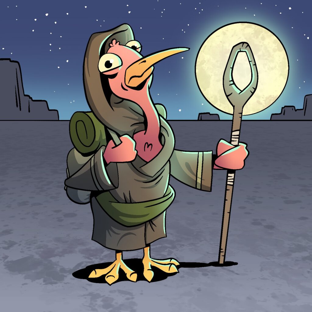 An illustration of a nomadic bird. The bird is giving the viewer an inquisitive look. He is dressed in a brown cloak and sash, and has a backpack and bedroll strapped to his back. He is holding a staff in one hand, which has an oblong opening at the top, perfectly centered on the moon in the background. The bird is a reddish-pink, with yellow legs and beak. The moon is a pale yellow and is casting a bright blue glow on the edges of the bird. The background is a vast desert, colored blue in the light of the night. The sky is peppered with stars.