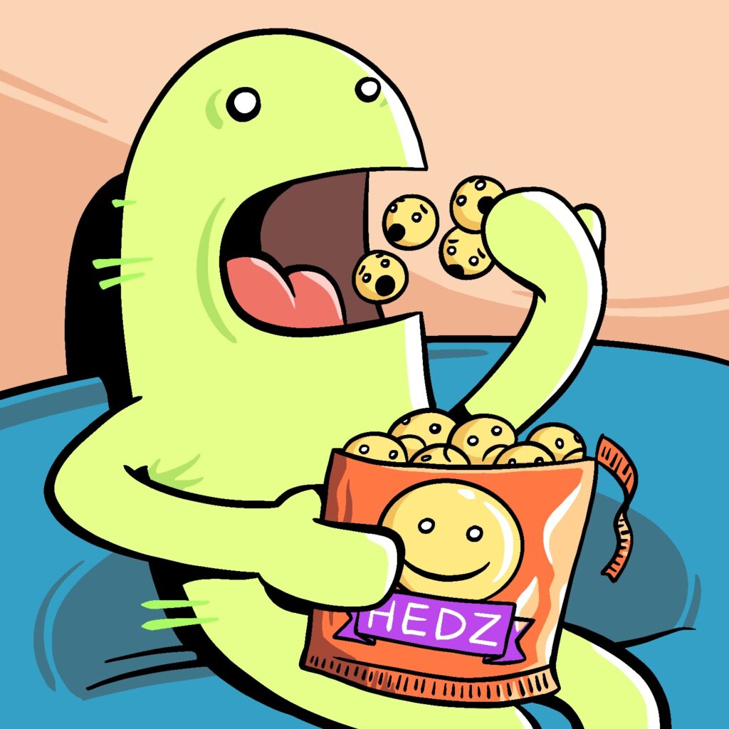 An illustration of a simple, blobby monster eating a snack while sitting on a couch. He is holding a torn open plastic snack bag. The bag has a large smiley face on it and says "HEDZ" on a banner below. The "snack" is a bunch of pale yellow heads that look like emojis, and all of them in the bag have sad faces. The monster is throwing a handful of heads into his open mouth, and those heads look frightened. The monster is a light green, the bag is orange and purple, the couch is a dark teal, and the background is a pale red.