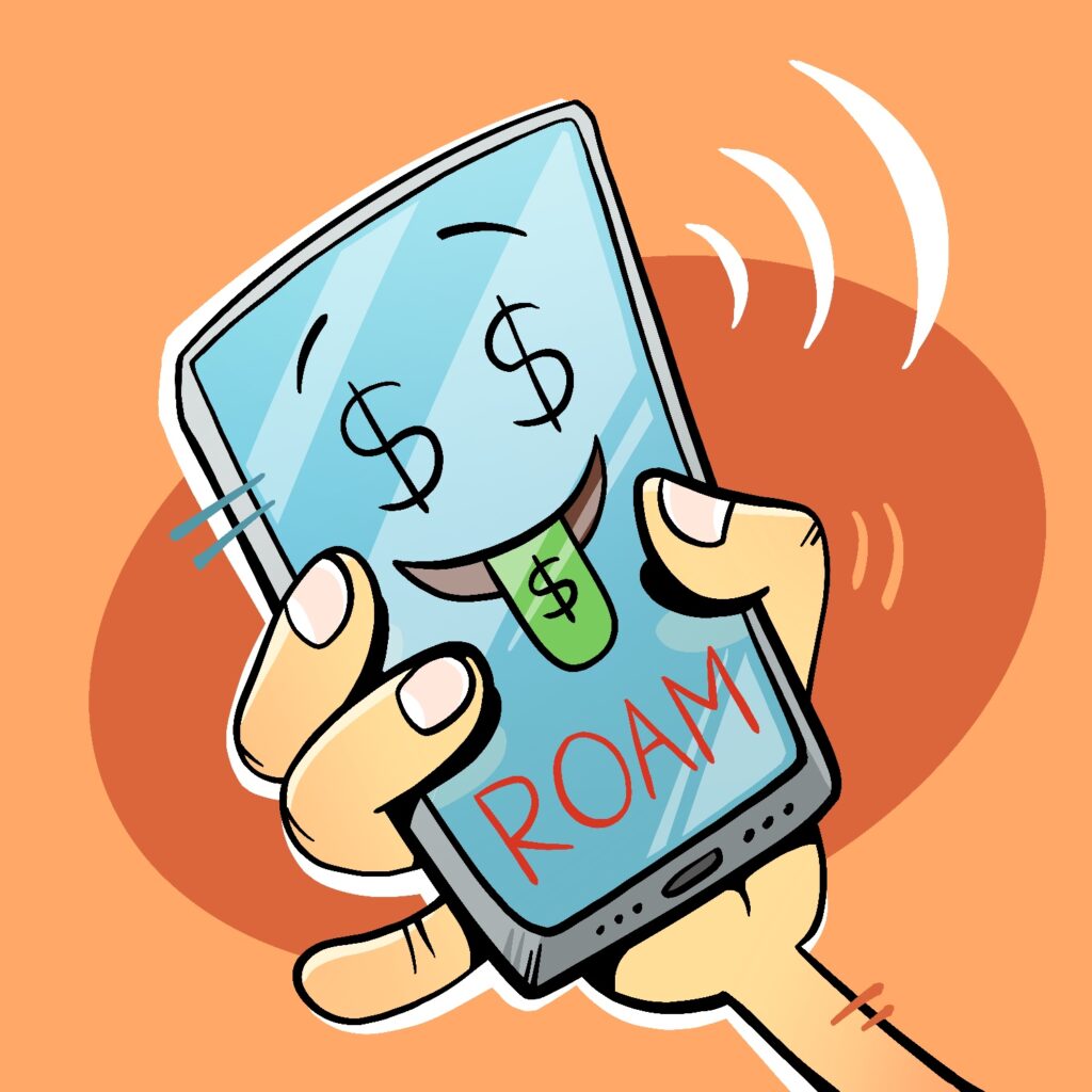 An illustration of a hand holding a cell phone. The phone's screen has a large face that looks like the "money-mouth face" emoji, with dollar-signs for the eyes and a green tongue sticking out of a smiling mouth, also with a dollar-sign on it. The rest of the phone's screen is a shiny light blue, with the word "roam" written in large letters in red at the bottom. There are three arcs radiating from the top right corner of the phone, like wireless signals. The case of the phone is gray. The hand and arm have a light complexion. The background is a faded orange, with a red-orange ellipse behind the phone.