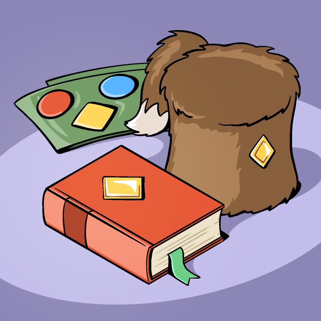 An illustration of the Junior Woodchuck Guidebook, along with official scouting hat and merit badge sash, from the DuckTales series. The items are all sitting on a light purple surface lit by a spotlight, at an isometric angle. The guidebook is red with a dark red title band on the top side. It has a gold diamond affixed to the front, and a green ribbon bookmarker coming out of the middle of the book. The hat looks like a fuzzy brown cylinder with an animal tail coming out the top back. The hat has a gold diamond medallion affixed to the front, and the tail has a white tip. The merit badge sash is an army green color, and various unidentifiable badges are sewn to it, in red, yellow, and blue, and in circles and a diamond shape.