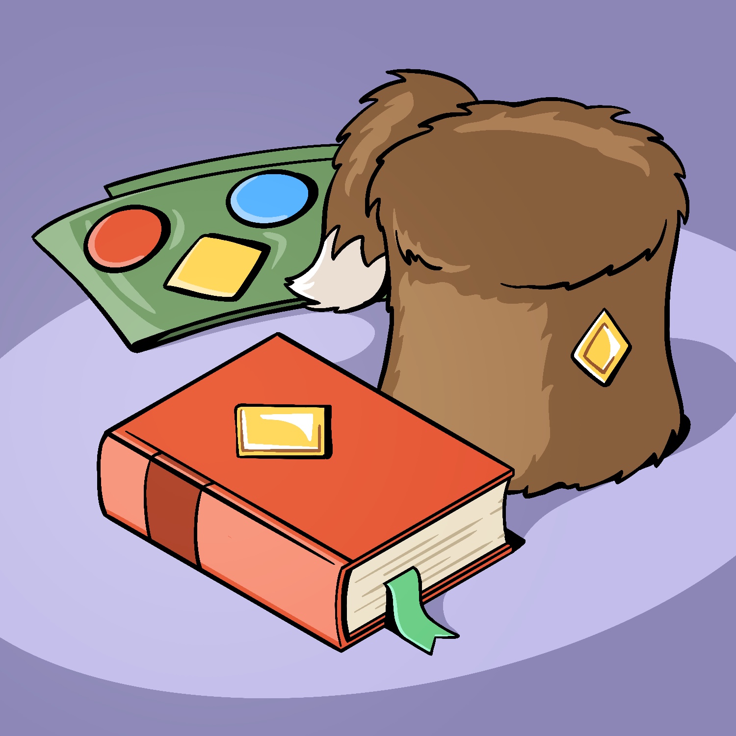 An illustration of the Junior Woodchuck Guidebook, along with official scouting hat and merit badge sash, from the DuckTales series. The items are all sitting on a light purple surface lit by a spotlight, at an isometric angle. The guidebook is red with a dark red title band on the top side. It has a gold diamond affixed to the front, and a green ribbon bookmarker coming out of the middle of the book. The hat looks like a fuzzy brown cylinder with an animal tail coming out the top back. The hat has a gold diamond medallion affixed to the front, and the tail has a white tip. The merit badge sash is an army green color, and various unidentifiable badges are sewn to it, in red, yellow, and blue, and in circles and a diamond shape.