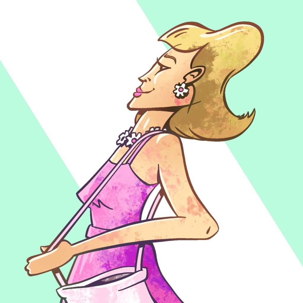 An illustration of a woman in a distorted pose where she is leaning backward more and more towards the top of her head. The woman has a light complexion and blond hair. She is smiling slightly and looking ahead. She is wearing a bright pink dress, matching lipstick, and is carrying a light pink purse. She is wearing flower earrings and matching necklace. The background is a mint green with a white streak, set at an opposing angle to the woman, going across. The woman's skin, dress, and purse are covered in a grungy texture.