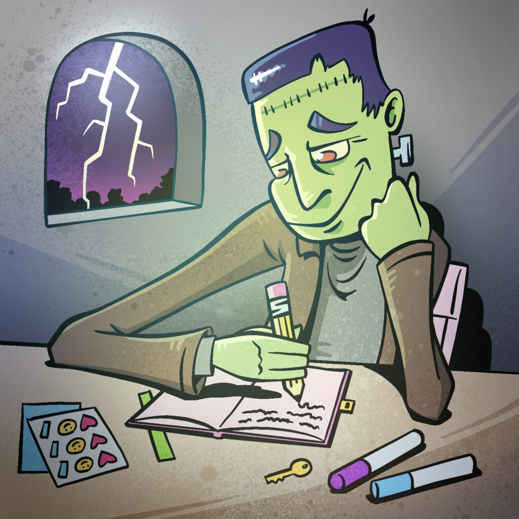 An illustration of Frankenstein's Monster sitting at a table, leaning on one hand, and journaling with the other. He is holding a pencil and writing with it in a pink journal. He has a thoughtful smile on his face, and he is looking down at the journal. The table is littered with sticker sheets, markers, a bookmark, and a key for the journal's lock. The window behind him shows a dark night outside, with a large lightning bolt coming down in the distance. Frankenstein's Monster has a pale green complexion and purple hair and eyebrows. His eyes are red. He is wearing a brown jacket and gray turtleneck, and is sitting in a light pink chair.