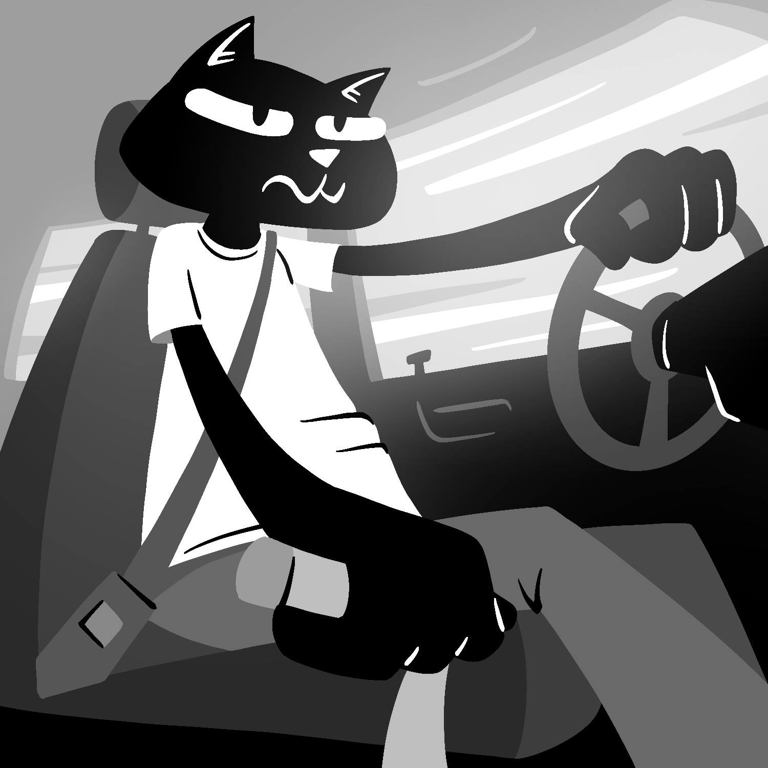 An illustration of an anthropomorphic cat driving a car. The camera angle is low on the cat, looking up at him as he grips the shifter and steering wheel. The cat has a serious, determined look on his face. The drawing is in black and white, and there is very little shading, outside of the darkness of the bottom of the cab, and the brightness from the windows.