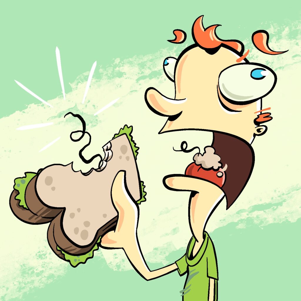 An illustration of a man holding a sandwich with a bite taken out of it, and a large, twisty hair sticking out of the bite. White lines are emanating from the large hair in the sandwich, drawing attention to it. The man has a look of mild disgust on his face, and his mouth is open, with a wad of chewed food resting on top. The chewed food also has a piece of the hair sticking out of it. The man's eyes are bugged out and he is drawn in a fluid, stylized way. The man has a light, yellowish complexion, blue eyes, and thin red hair. He is wearing a green shirt. The sandwich has lettuce sticking out of the edges. The background is a blueish green with a dirty light streak angled diagonally down and to the left.