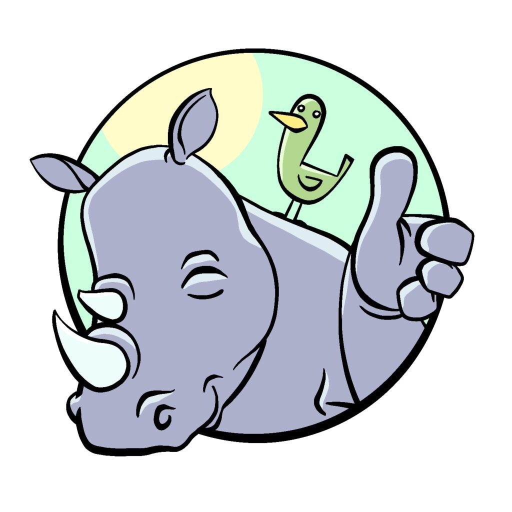 An illustration of a cartoon rhinoceros smiling gleefully with his eyes closed, giving a thumbs up. A small, expressionless bird is standing on his back, and his head and hand are sticking out of a circle that is masking off the rest of his body. The rhinoceros is a light lavender color, with pale blue horns. The bird is a pale green with yellow beak. The background inside the circle is a light cyan, with a pale yellow sun in the upper portion of the space, just above and behind the rhinoceros. The area outside the circle is white.