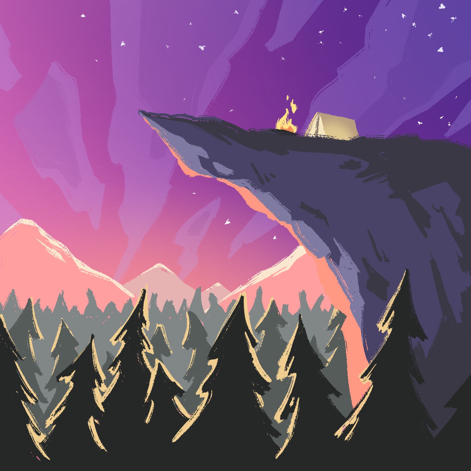 An illustration of a cliffside campsite. A large purple-ish rock formation juts out of the lower right side of the image. The top is leveled off and a small campsite with a glowing tent and campfire can be seen from distance. In the foreground and extending behind the rock formation all the way to the near horizon is a thick forest of dark green pine trees, backlight by the pink sunset. In the far distance are pink mountains with glowing edges. The sky is a dark pink that fades up to purple towards the top of the image and campsite. Long clouds cover the distance from the horizon to the top of the image. Some stars can be seen in the darker purple areas of the sky, in the upper right of the image.