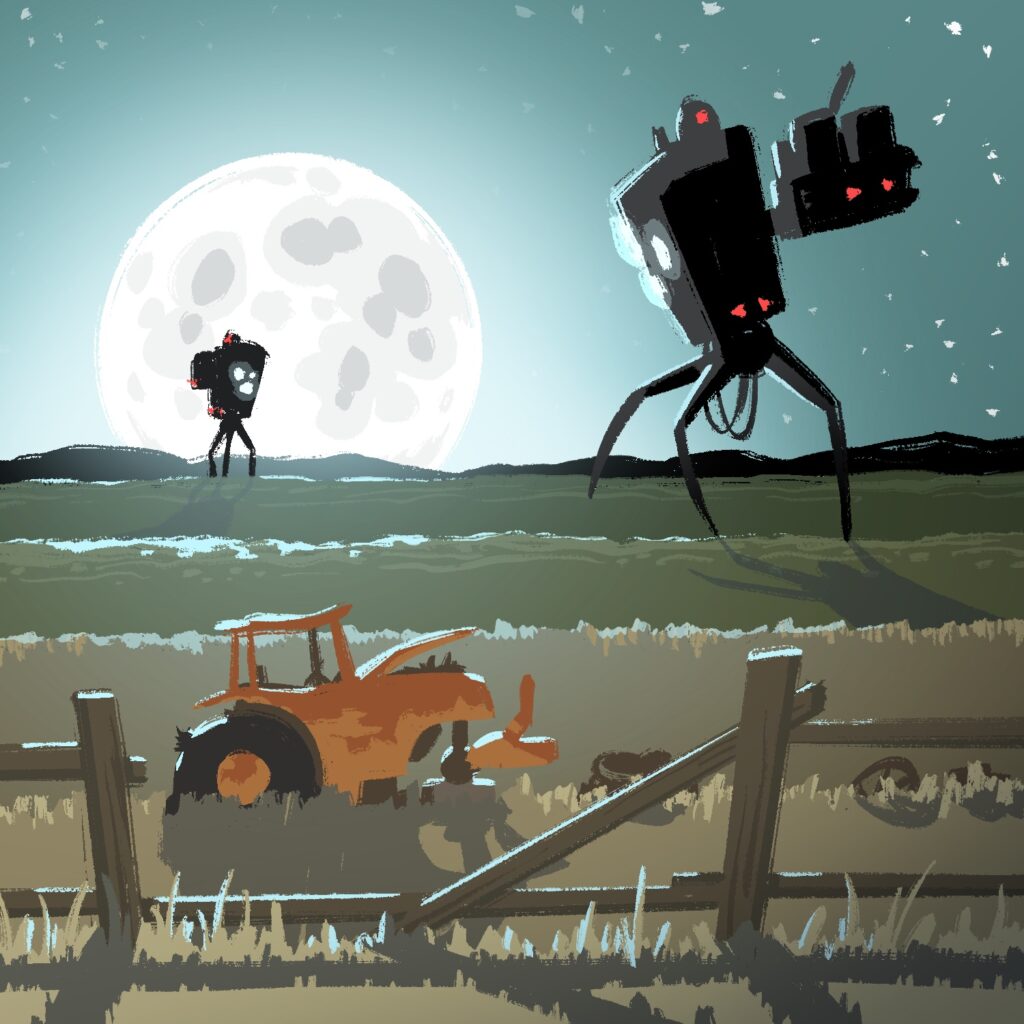 An illustration of an old rusty tractor sitting in a field. In the foreground is a broken-down fence through which the tractor can be seen. The tractor is missing its front wheels and is rusty and picked apart. In the distance are two giant, alien robots that are managing the green fields beyond. The scene is set at night, and a giant white moon is in the distance, casting long shadows of everything towards the viewer.