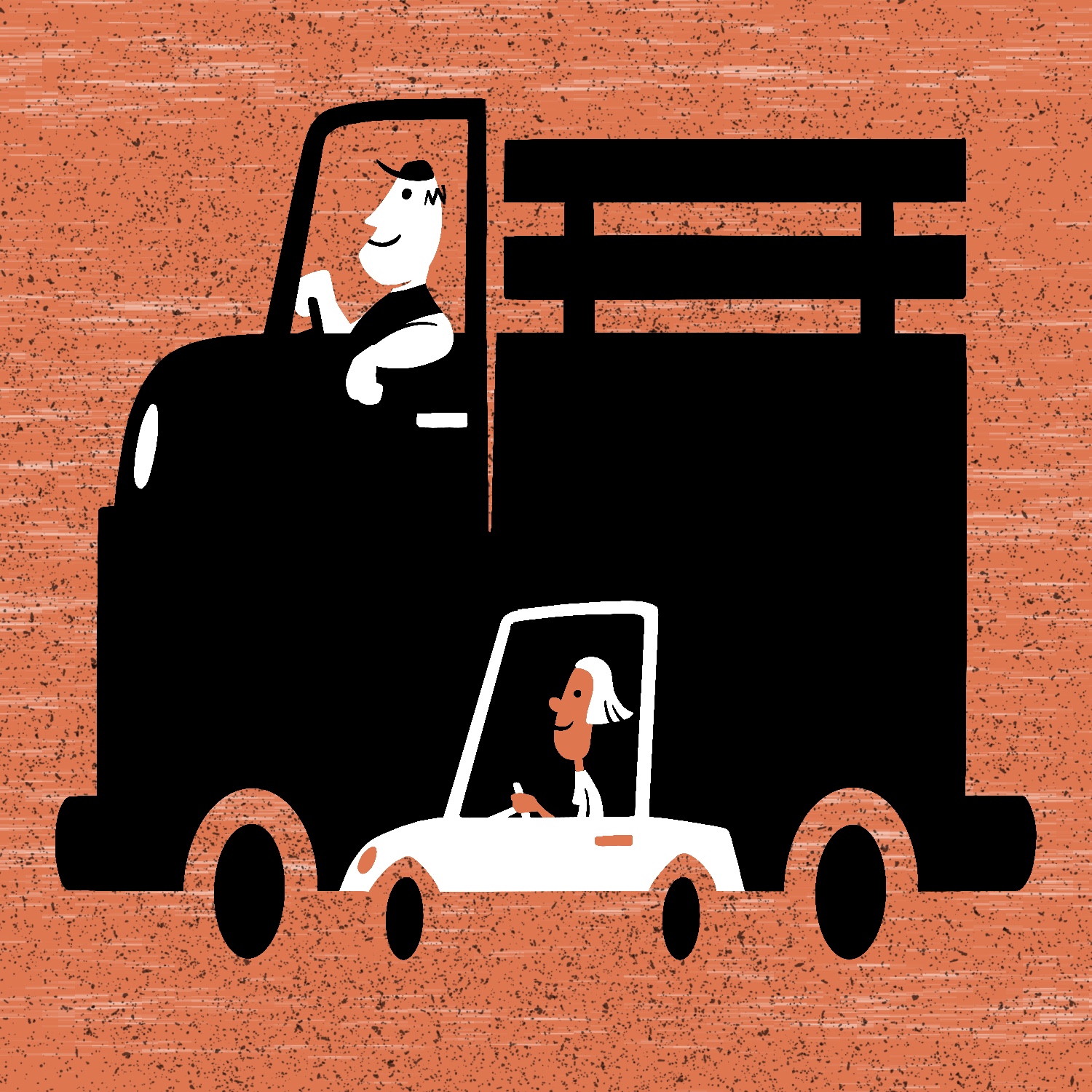 An illustration of a small car driving in tandem with a massive pickup truck. The car is drawn in white and is being driven by a woman with short white hair and a white shirt. She is smiling. Directly behind the car, perfectly aligning with the bottom, is the large truck, which is drawn in black. It is twice as tall as the car and has fence-like boards put in the sides for holding cargo in the back. A heavy-looking man is driving the truck. He is smiling. He is wearing a small black cap, has zig-zag hair, and has his arm resting out the window. The cars and people are drawn in a flat, retro cartoon style. The background is a bright orange speckled with black and with faded white lines streaking across, indicating that the cars are in motion.