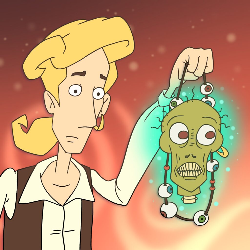 An illustration of the character Guybrush Threepwood from the Monkey Island series of games holding up a severed, shrunken head known as the Head of The Navigator. The head is from the first game in the series, The Secret of Monkey Island, and it guides Guybrush through a hellish underground maze. The characters are drawn in the style of the third game in the series, The Curse of Monkey Island, with thin, even lines and large blocks of solid colors. Guybrush has a pale complexion, long face, and a large swoop of blond hair and ponytail. He is wearing a white shirt with puffy sleeves and a brown vest. He is looking ahead with a concerned expression. The Head of the Navigator is green and has large, strained eyes, sunken cheeks, yellow teeth in a permanent grit, and scraggily hairs scattered around his head. There is a ghostly turquoise glow emanating from him. His neck is cleanly cut just below the jawline, and two vertebrae are sticking out. He is being held up by Guybrush with a necklace with red beads and eyeballs attached. The background is a swooshy red and yellow that gets darker towards the top.