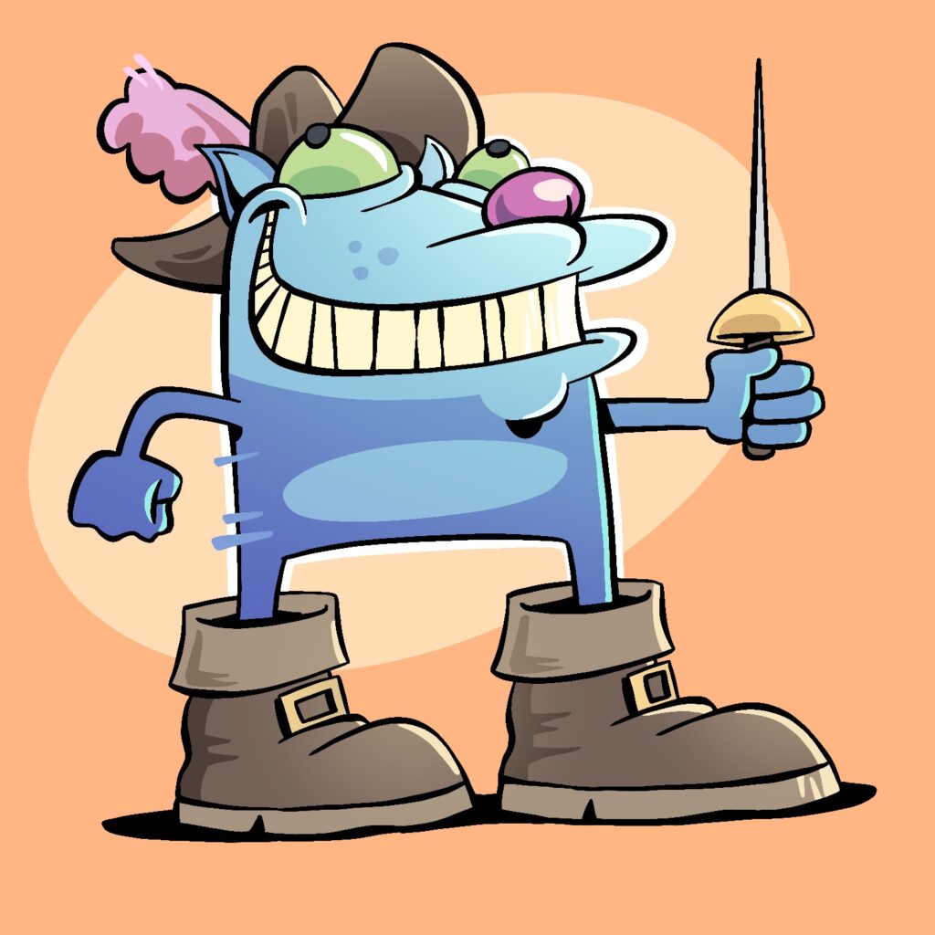 An illustration of a cartoon cat standing in boots, holding a sword, and wearing a hat reminiscent of the Three Musketeers. The cat is a gray-blue and has a squat, wide body. He has a big, toothy grin on his face. His eyes are green and bugging out slightly. He has a round, pink nose. The boots are way too big for him, and the stubby sword is pointed straight up. The hat has a wide, asymmetrical brim and a large pink feather attached. The background is orange, with a lighter, angled ellipse behind the cat.