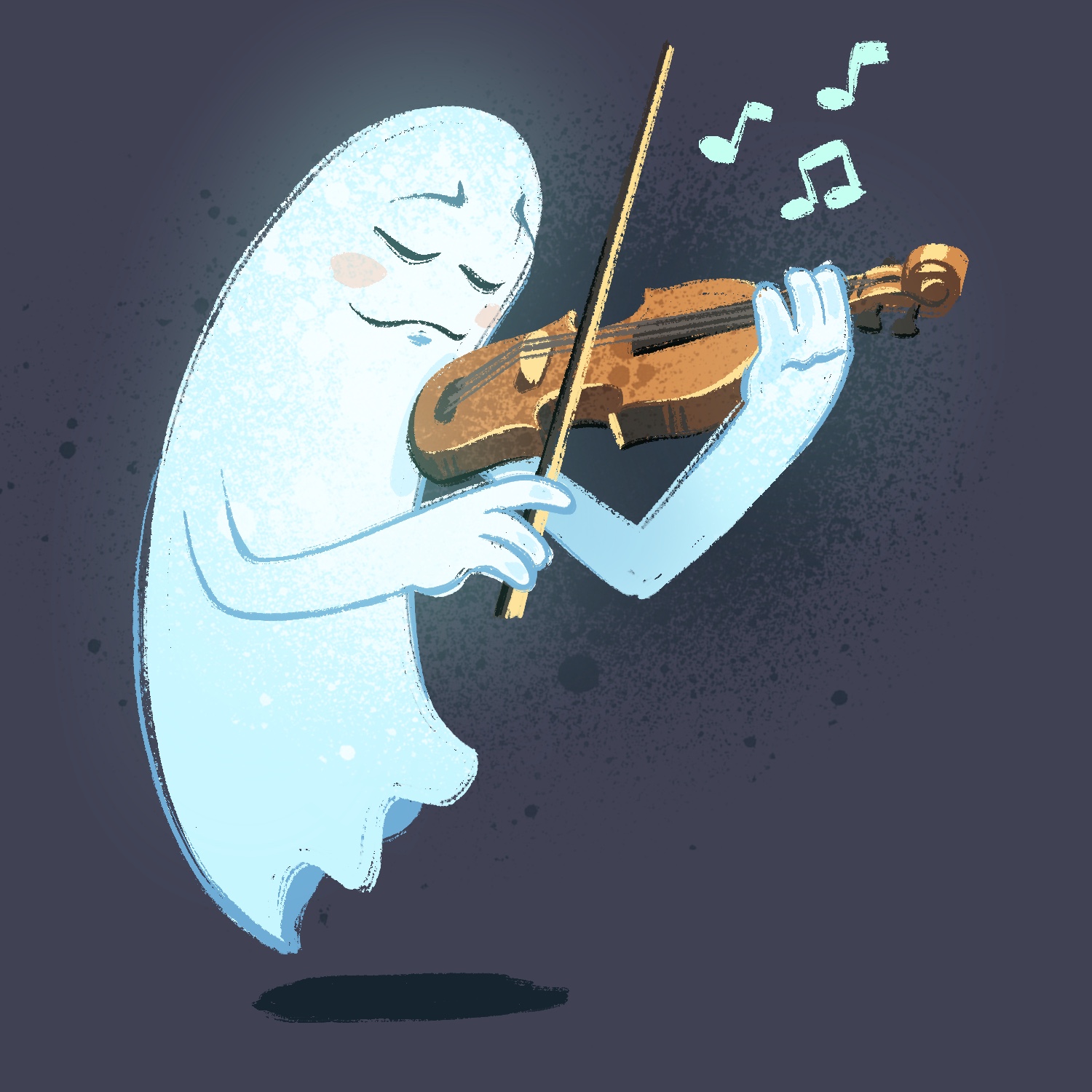 An illustration of a ghost playing a violin. The ghost is a classic ghost shape, with a rounded top and long swooping body to a ruffled sheet tail. The ghost is curved to the right, leaning into the violin. It is holding it under its chin and playing it in a classic style. The ghost is a pale blue speckled with white spots that look like spray paint. It has its eyes shut in admiration for the music, with a slight smile on its face and pale red spots on its cheeks. The violin is brown, with gold highlights on the edges. Music notes hang in the air above the violin. The background is a dull purple, with a splotch of dark spray paint right behind the ghost and violin.