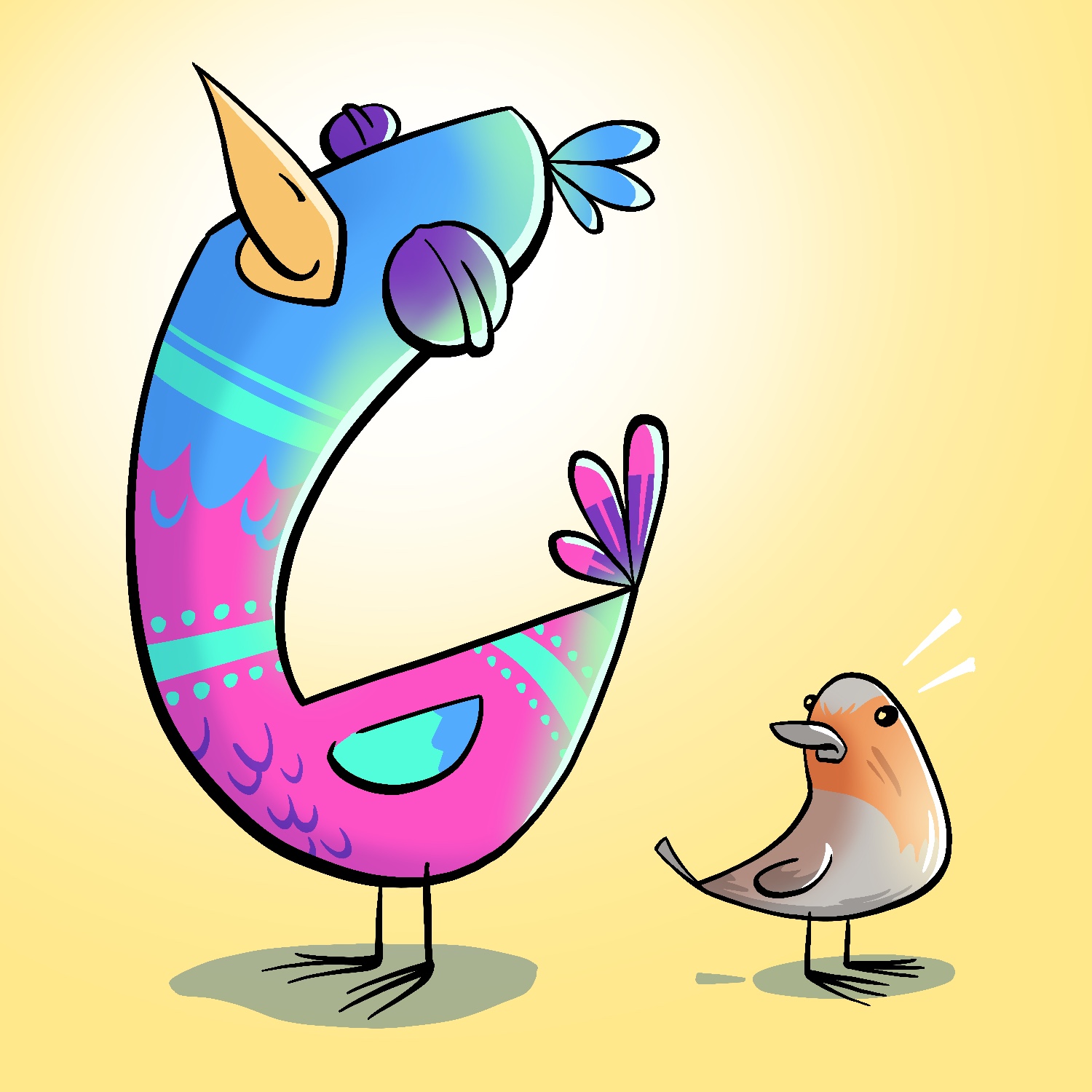 An illustration of two cartoon birds standing next to each other. The bird on the left is much larger and is colored in pink, blue, purple, and turquoise. It is smiling with its eyes closed and body angled upward in pride. The smaller bird on the right looks like a more "normal" bird, in gray and a dull orange. The small bird is turning its head toward the large bird and looking slightly annoyed. Two lines emanate from its head to emphasize this. The background is a yellow-gold color, with a brighter gradient centered on the large bird's head.