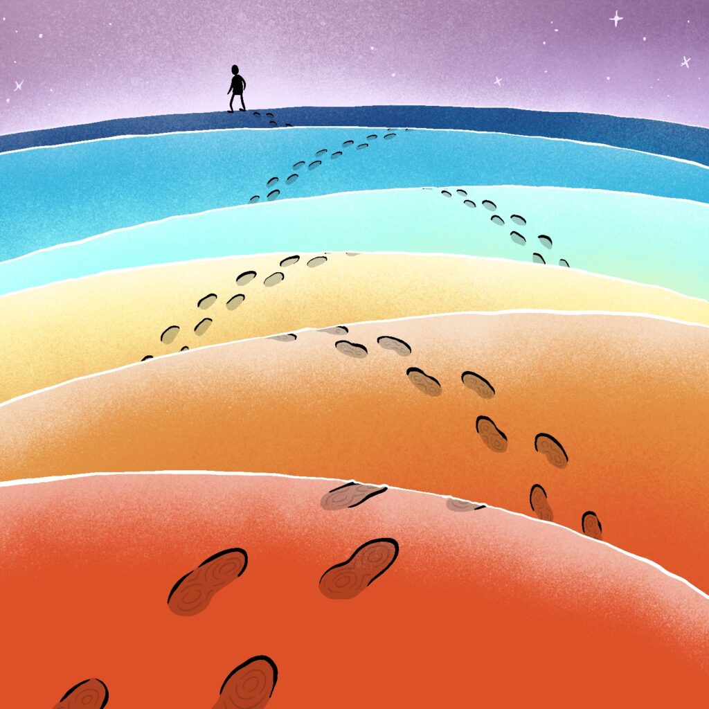 An illustration of a person walking in the distance, having traveled over a number of small hills/undulations, leaving a trail of footprints over each one in a series of arcs. The closest hill is a red-orange color, followed by orange, pale yellow, light turquoise, blue green, and finally a dark blue. The sky in the background is a lavender color. The rims of the hills and sky are speckled with texture. Some small stars dot the sky near the edges. The person is drawn in a very basic silhouette, almost as a stick figure.