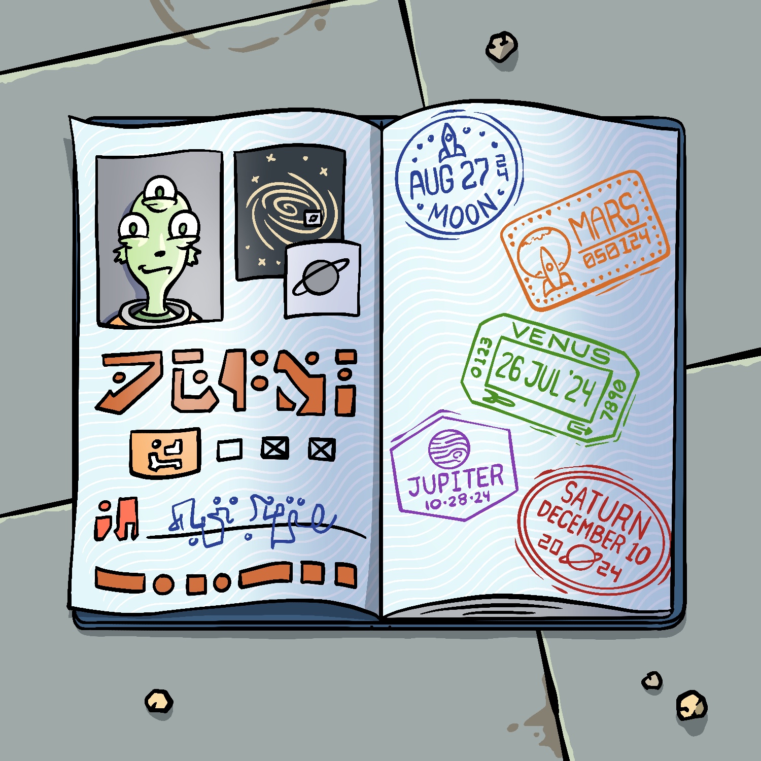 An illustration of an alien passport. The passport is shaped like a U.S. passport book, and it open to the first page that shows the alien's photo, where he's from, and has his signature. The opposing page is covered in stamps from locations the alien has visited, all planets from the solar system: the moon, Mars, Venus, Jupiter, and Saturn. Each stamp has a unique date and other various icons and numbers. The alien is a pale green and has a third eye above his other two, and small webbed ears that point downward. He is smiling slightly. The passport is sitting on a pale green background that is paneled and has various crumbs and stains on it.