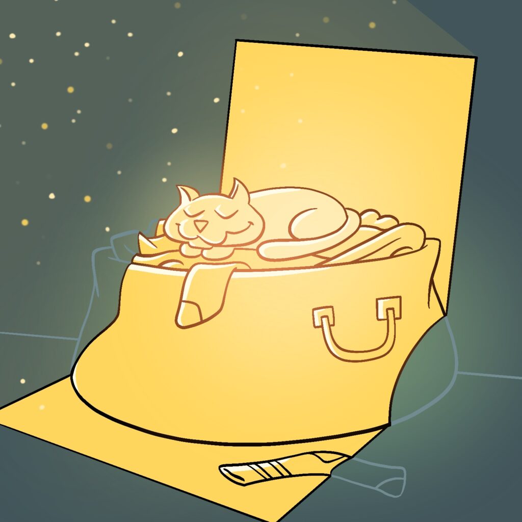 An illustration of a cat napping in a laundry basket, in a large beam of sun cast from a nearby window. All elements of the scene that are lit by the rectangular area of light are a gold yellow, and the rest is a dark teal. The cat is a slightly lighter shade of gold than the rest of the sunbeam. The outlines of the items in the shadows are drawn in a light color, while everything in the sunbeam is done with a black that fades to orange in the center. The cat is sleeping and has a contented smile on its face. There is a sock hanging over the edge of the basket under the cat, and another stray sock on the floor below. The sunbeam has speckles of dust glinting in the light.