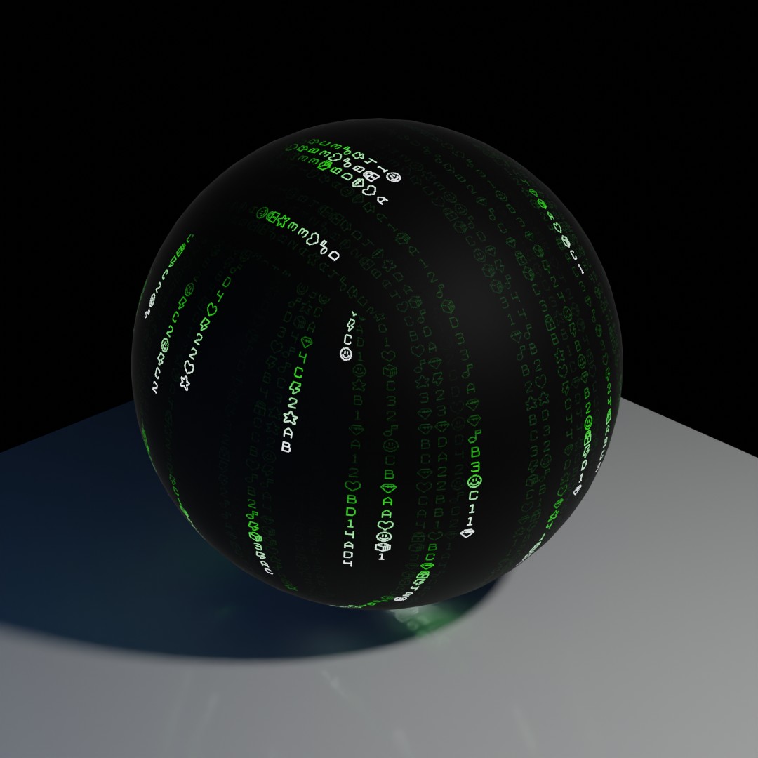 A render from Blender showing a "Matrix" text effect cascading down the sides of a sphere.