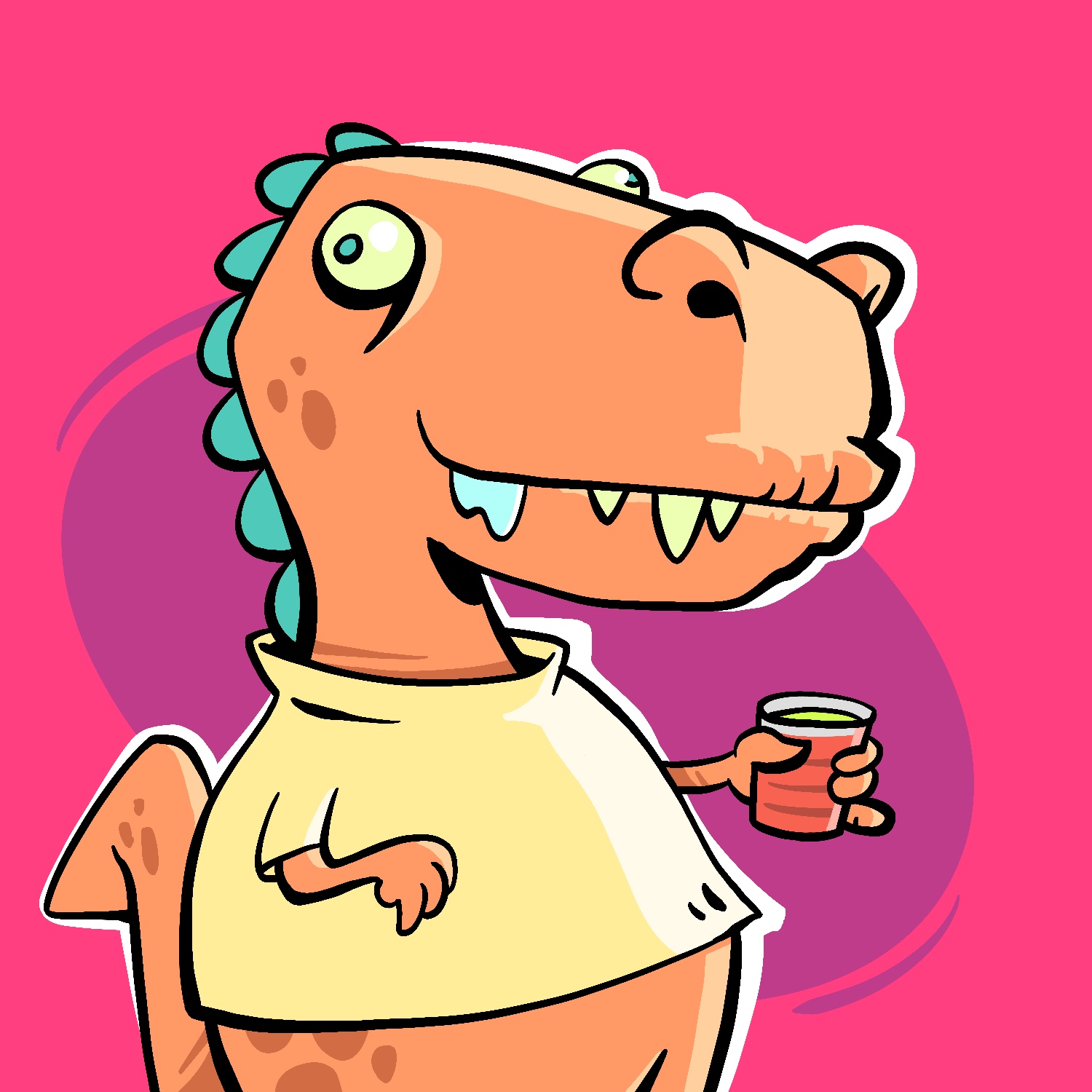 An illustration of a smiling cartoon T-Rex holding a red party cup. The T-Rex's nostrils are large and stick out from his head. His tail is standing up, but bent at the end, behind him. He is orange with turquoise plates going down his back. His eyes are yellow with turquoise irises, and he has dark orange spots around his head, body, and tail. Some of his yellow teeth are sticking out from his upper lip, and drool is coming down at the corner of his mouth. He is wearing a pale yellow shirt. The background is a bold pink with a purple ellipse at an angle behind the T-Rex.