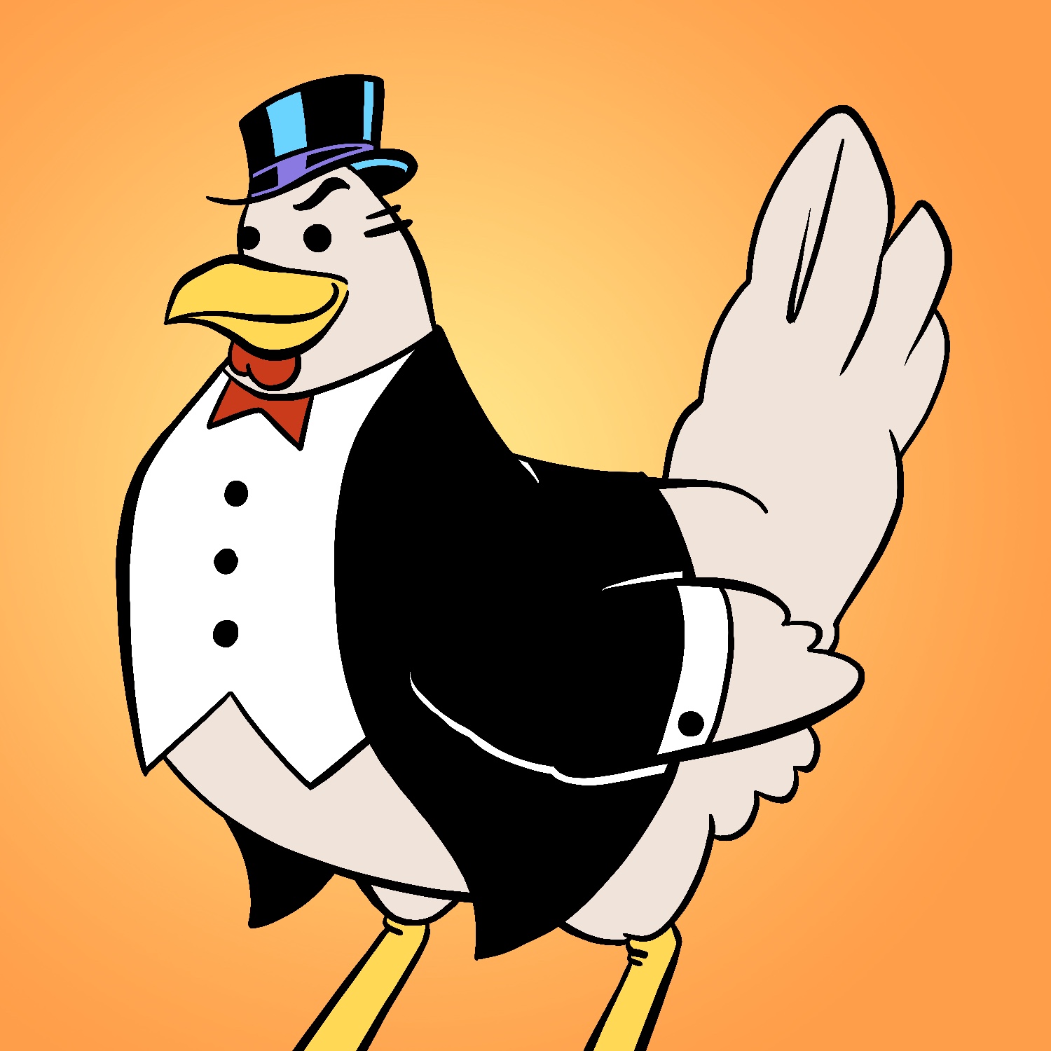 An illustration of a chicken wearing a top hat, bowtie, and suit top with a cuffed shirt underneath, in the style of the Monopoly guy illustrations of old. The chicken has a slightly evil smile on its face. It is a very pale brown with yellow beak and legs. The top hat and suit are black, the cuffed undershirt is white, and the bowtie is red. The background is orange with a slight golden glow behind the chicken.