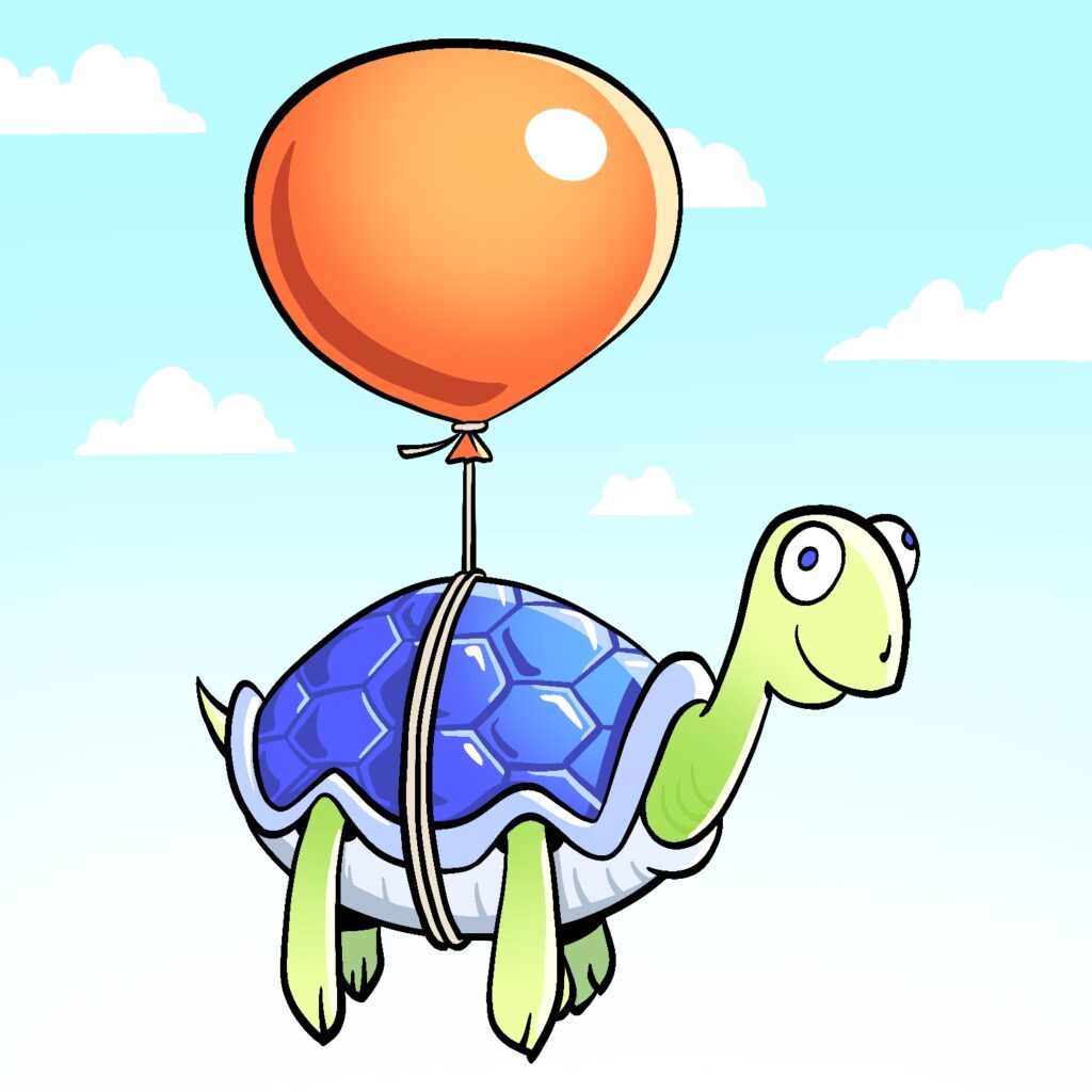 An illustration of a cartoon turtle suspended in the sky by a balloon. The balloon is tied around the turtle's mid-section. The turtle is smiling but looks a little oblivious. The balloon is a shiny red-orange. The turtle has a shiny blue shell with a hexagonal bump pattern on it, a pale blue underside, and his head, legs, and tail are a light green. The background is a sky that fades from sky-blue to white from top to bottom. There are white clouds scattered around the background.