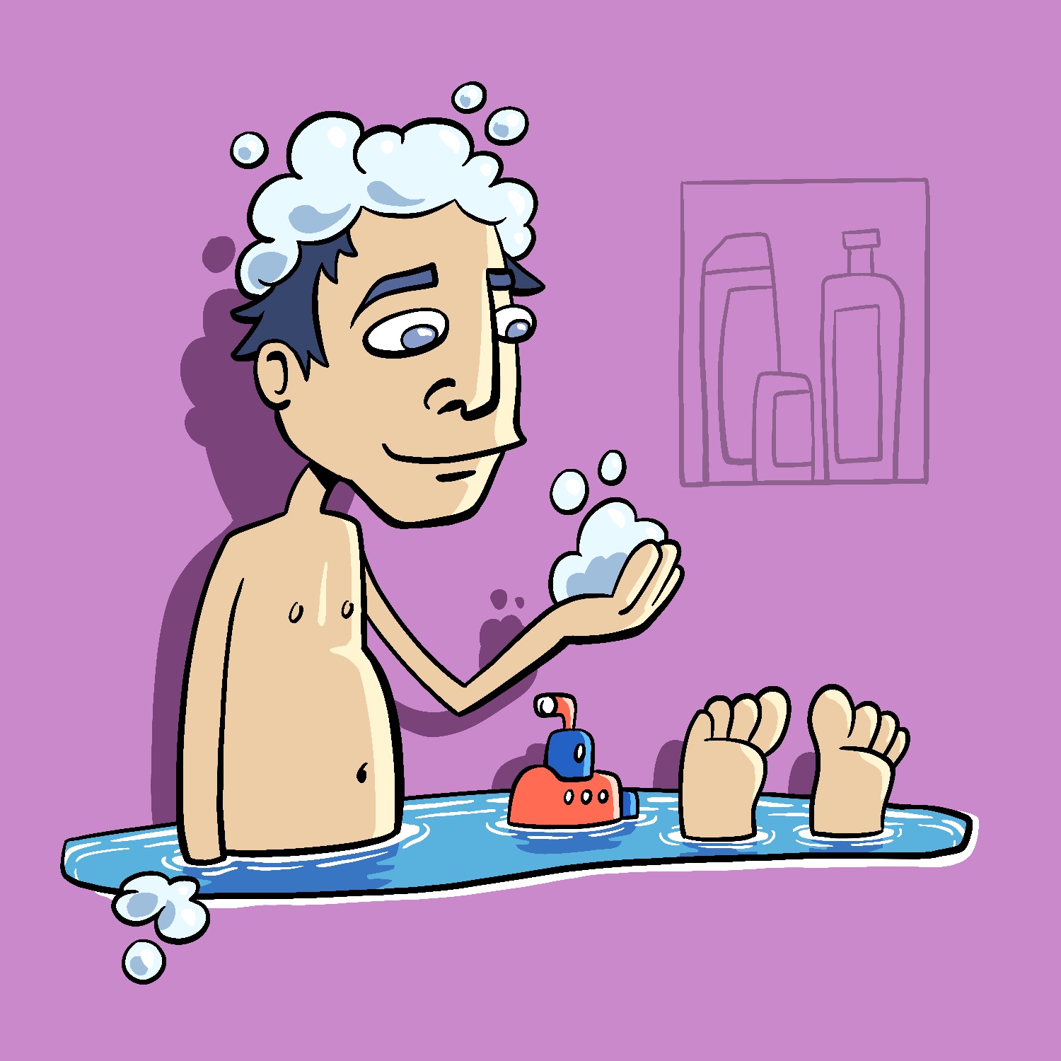 An illustration of a man taking a bath. The bathwater is the only part of the bath that is visible. The man is sitting in the bath, looking down at his hand, which is holding some bubbles. His feet are sticking out at the other end of the water. The man has a light complexion, and his hair is a dark blue and covered in bubbles. There is a small red and blue toy submarine floating in the water between the man and his feet. The bathwater is blue with darker blue reflections and white rippled in it. The background is a light purple, with outlines of an inset with shampoos and soaps to the upper right.