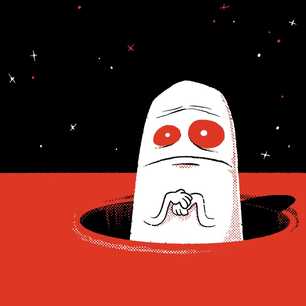 An illustration of a strange figure sticking up out of a hole and looking very nervous. The figure is a stubby white shape with large eyes, a wide downturned mouth, worried-looking wrinkles on its forehead, and two small arms and hands fidgeting in front. Its eyes are red with white pupils. The hole is black on a bright red planet surface, and the background is black dotted with white and red stars.