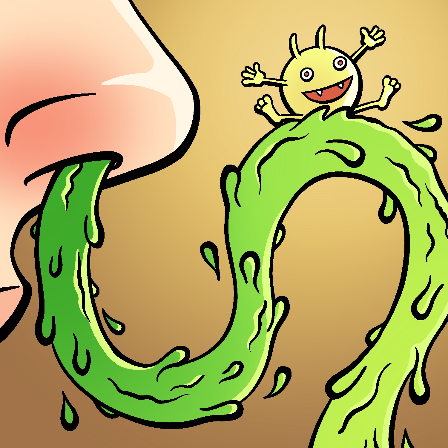 An illustration of a large nose with a stream of mucus coming out. The stream falls down, twists up unnaturally, then arcs back downward again. At the apex of the arc is a small, round creature with a happy face, two stubby antennae, and arms and legs splayed out, riding the wave of snot. The nose has a light complexion, with redness around the nostril. The mucus stream is a bright green that gets lighter as it goes on. The creature is yellow with red eyes and mouth. It has tiny fangs in its mouth as well. The background is a light brown that fades to gold behind the creature.