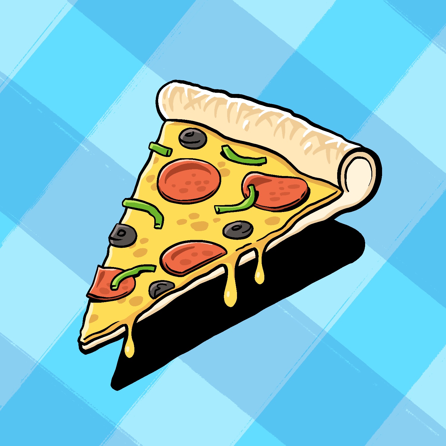 An illustration of a slice of pizza. The pizza has gooey yellow cheese melting in drips down the edge. It has red slices of pepperoni, black olives, and green peppers strewn on top of the cheese. The crust is tan and has a slight texture to it. The pizza is casting a hard black shadow onto the background, which is a light blue plaid pattern.