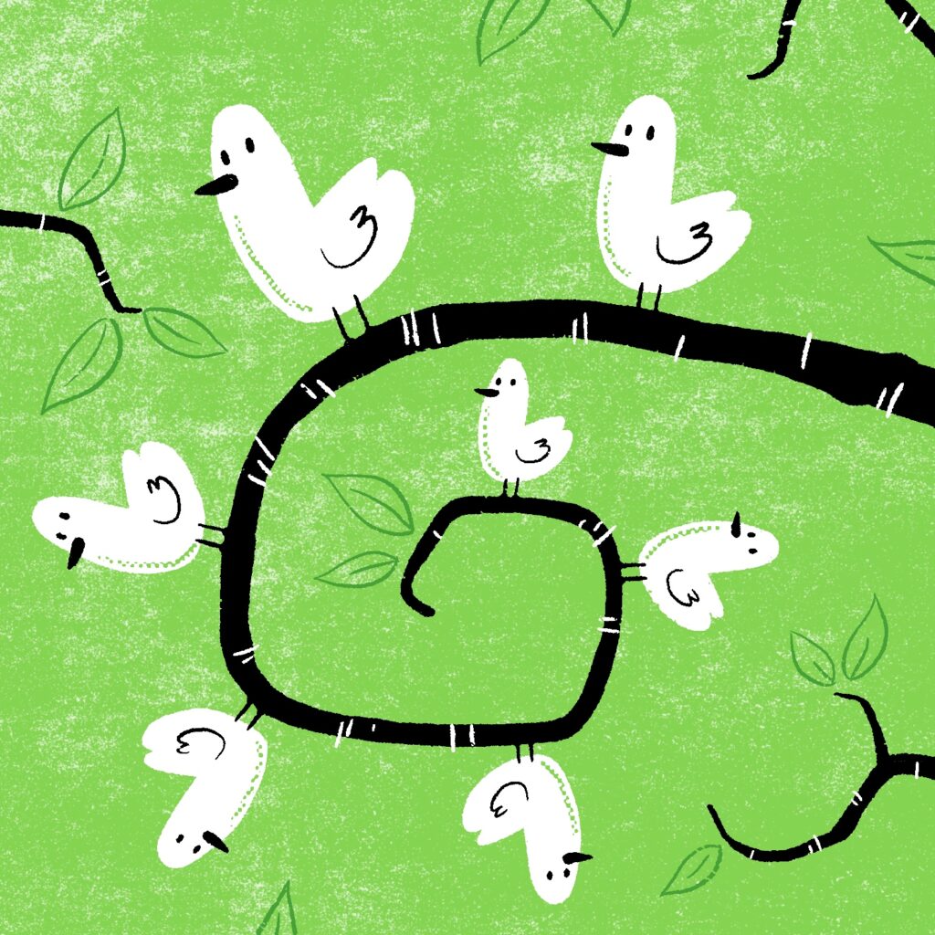 An illustration of a twisted tree branch with birds perched on it going all the way around the spiral. The tree branch is black with white lines indicating texture. The birds are all the same shape and perched in the same orientation but descend in size as they go around the spiral to the smaller part of the branch. The background is a noisy light green with tree leaves drawn over it in a slightly darker green color.