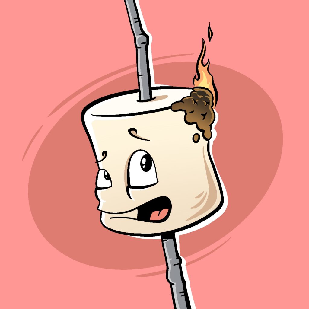 An illustration of a marshmallow on a stick, with a small corner of it starting to roast/burn. The roasted portion has a small fire lit on it. The marshmallow has a face on it and is looking up at the flame, worried. The marshmallow is a light cream color, the burning spot is brown, the stick is gray, and the background is pink with a darker pink ellipse angled behind the marshmallow.