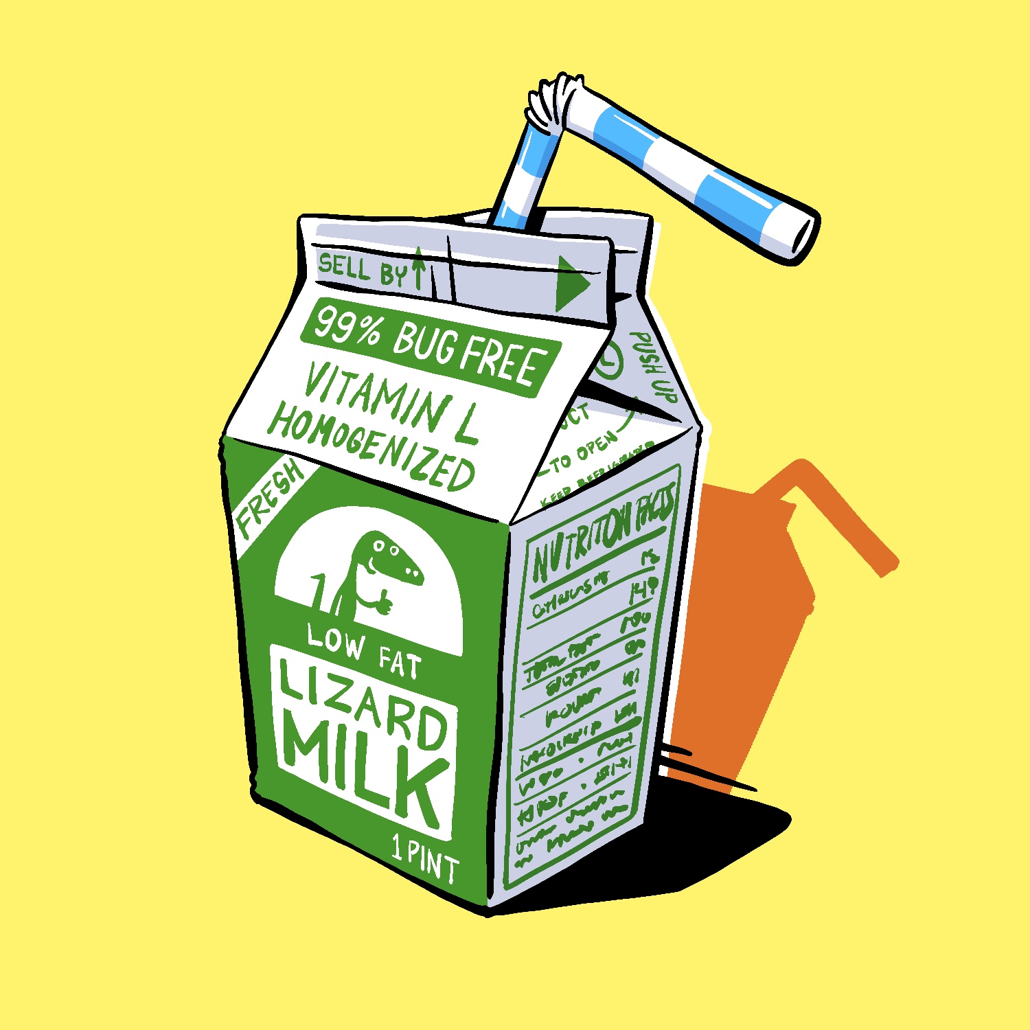 An illustration of a pint of milk with a straw stuck in it. The milk is actually "lizard milk" and features a small cartoon lizard giving a thumb-up on the front. The rest of the package is adorned with the usual sort of things found on a milk carton, except for a banner near the top that says "99% bug free". The carton is white with green ink. The straw is striped in white and blue and looks shiny. The background is yellow, with a hard black shadow from the milk carton and a smaller, skewed orange silhouette of the carton behind it.