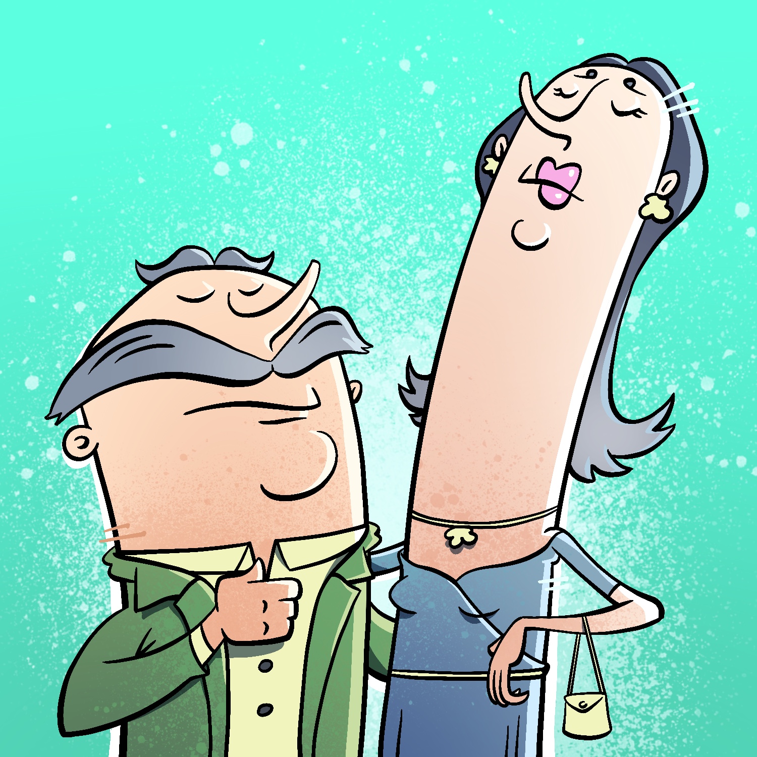 An illustration of two deformed cartoon people posing with each other. The person on the left is a short, squat man. He has a light complexion, a long upturned nose, a round chin, a large mustache that arcs outward, and a small tuft of matching hair on top of his head. He is not smiling, and his eyes are closed. His outer arm is holding his shirt collar, and his inner arm is going behind the other person. His figure is thumb-like, and his body is arced away from the other person. He is wearing a green blazer and pale green collared shirt. The person on the right is a woman with a similar shape and pose, except she is much taller and thinner than the man. The woman has a pale complexion, a long upturned nose, thin eyebrows, a small round chin, and large lips with pink lipstick. She is wearing flowery earrings and a matching necklace. She is not smiling, and her eyes are closed. She has long hair that curves out from behind her neck. She is wearing a blue gown. She is holding a small purse on her outer arm, and has her inner arm behind the man. Both figures are spotted with a spray paint texture making their skin and clothes slightly darker. The background is a bright turquoise with a large sky-blue spray paint splatter directly behind the people.