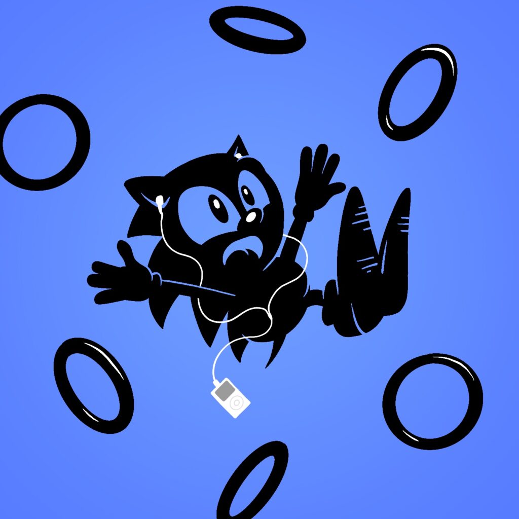 An illustration of Sonic the Hedgehog. Sonic is flying backward through the air, a look of panic on his face, and his arms and legs sticking out. Rings are flying everywhere. An iPod with white earbuds is flying out from him too, the earbuds still connected to his ears. The scene is drawn with Sonic and the rings all in silhouette, with only vague outlines here and there, like the old iPod commercials from the 2000's. The background is a plain blue with a very slight glow, similar to Sonic's normal color.