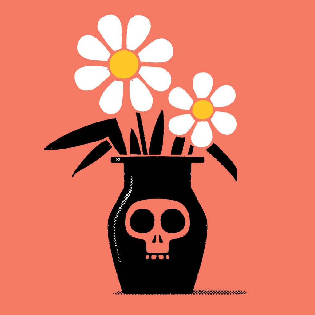 An illustration of a black vase, drawn in a mostly flat style, with a large cartoon skull on it. A thin, white, halftone highlight goes down the left edge of the vase. There are two flowers that look like daises in the vase, one large and one smaller, with black stems and leaves hanging out of the pot. The petals are white, and the pollen is yellow. The background is a salmon red-orange.