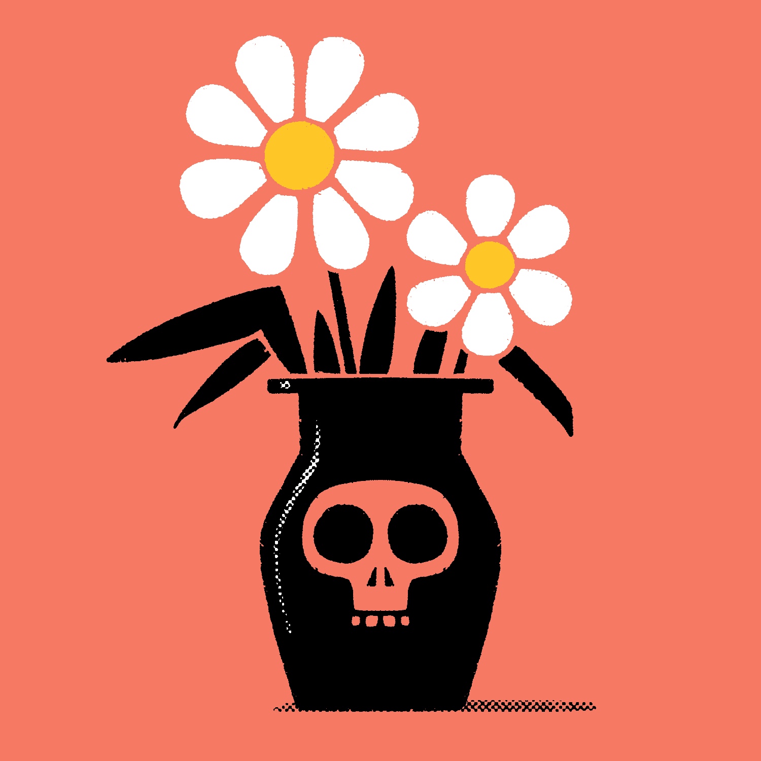 An illustration of a black vase, drawn in a mostly flat style, with a large cartoon skull on it. A thin, white, halftone highlight goes down the left edge of the vase. There are two flowers that look like daises in the vase, one large and one smaller, with black stems and leaves hanging out of the pot. The petals are white, and the pollen is yellow. The background is a salmon red-orange.