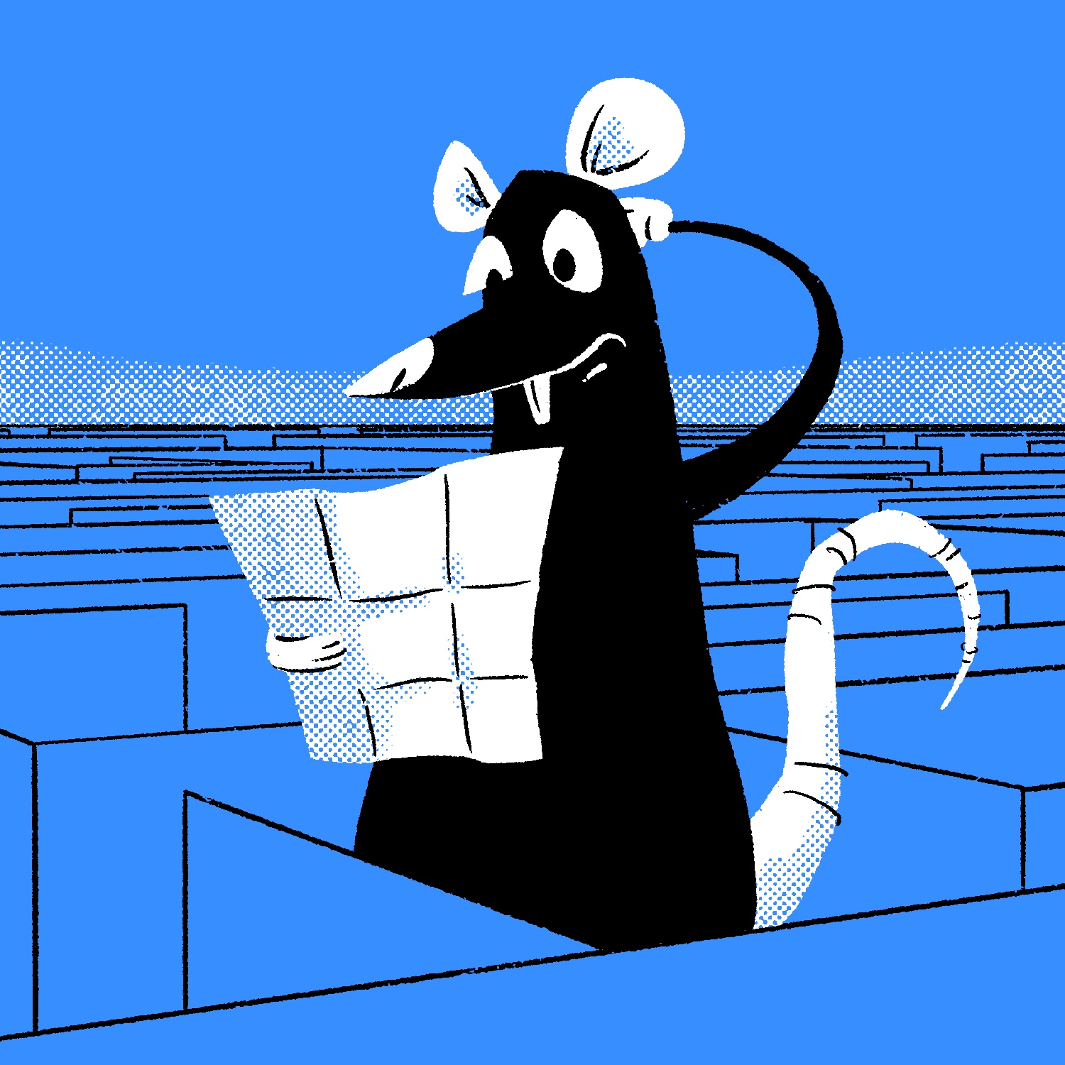 An illustration of a rat standing up in the middle of a giant maze, looking mildly puzzled and consulting a small map. The rat is black with white eyes, teeth, nose, ears, paws, and tail. The map is white and looks like it has been folded previously, but is otherwise devoid of detail. The background is blue with the maze drawn over it in black lines. A white halftone pattern lights up the horizon line.