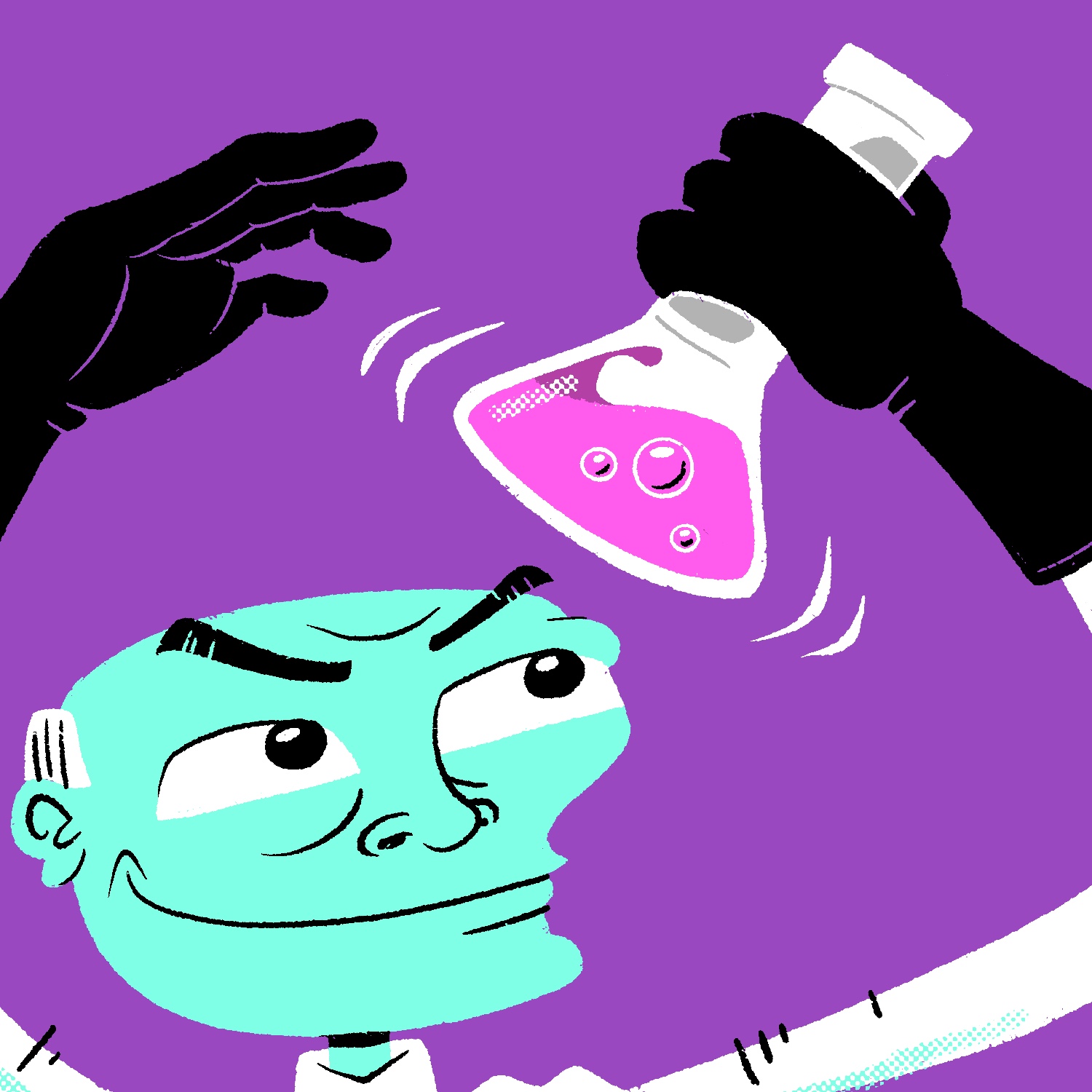 An illustration of a mad scientist holding a flask of pink liquid above himself and giving it a shake. He is staring up at it with smiling, evil-looking frown. He has sky blue skin, large white eyes with black pupils, and a white fringe of hair around his bald head. He is wearing a white lab coat and black gloves. The liquid in the flask if swishing around, and bubbles can be seen in it. The background is purple.