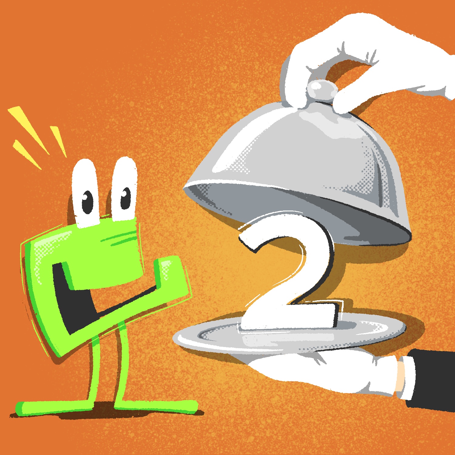 An illustration of a gloved set of hands opening a silver dinner platter, revealing a white "2" sitting inside. To the left, a boxy, bright green creature (a Number Muncher, from a series of very old educational computer games), looks delighted to see it, with a big, open-mouthed smile and yellow lines coming off its head, indicating surprise. The background is a dirty orange, with a slight glow behind the platter.