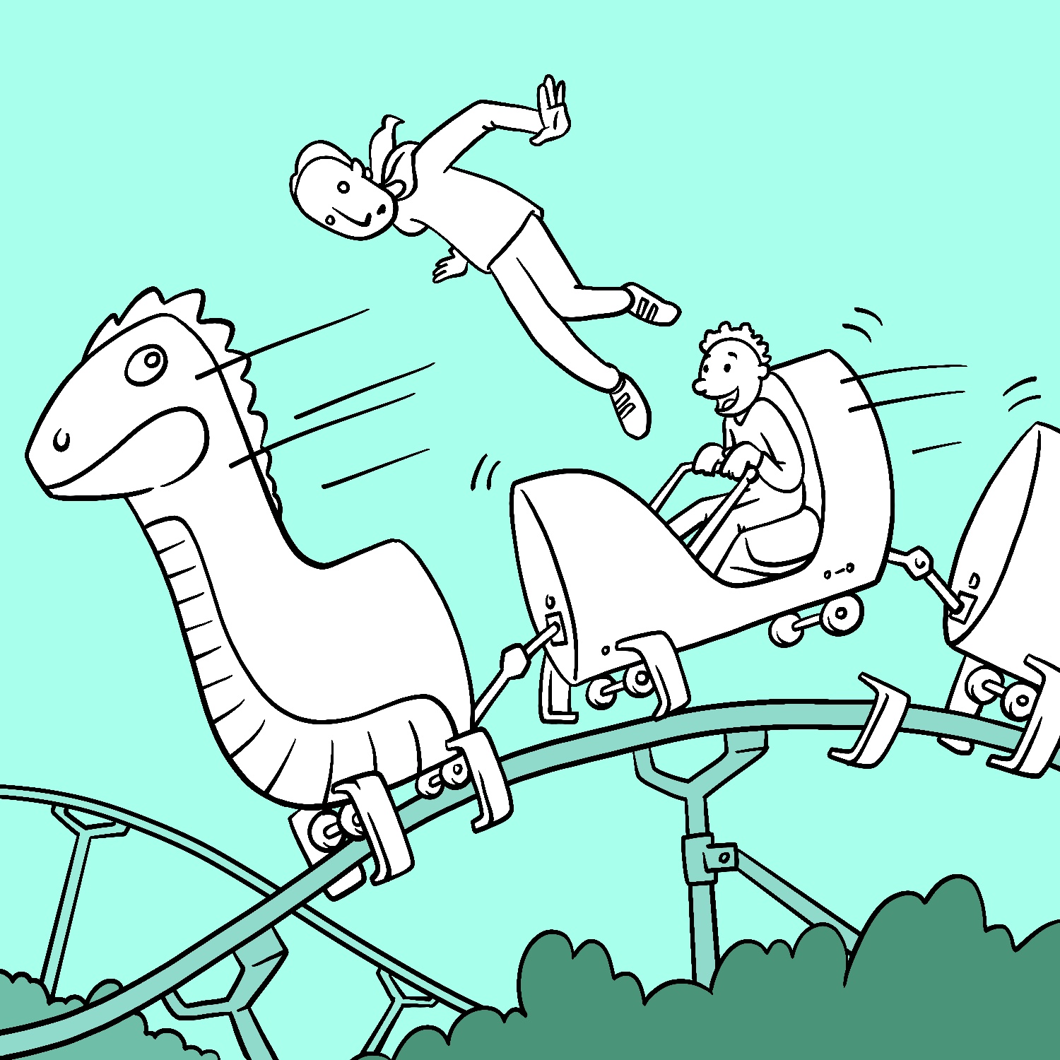 An illustration of a rollercoaster where the first car is a dragon's head and the rest of the cars of the body. The car directly after the dragon is flying off the rails over a bump in the tracks, and the child in the car is having a blast while the adult is being thrown out. The cars and people are all colored plain white, the track and bushes below are in varying shades of blue-green, and the background is a light cyan.