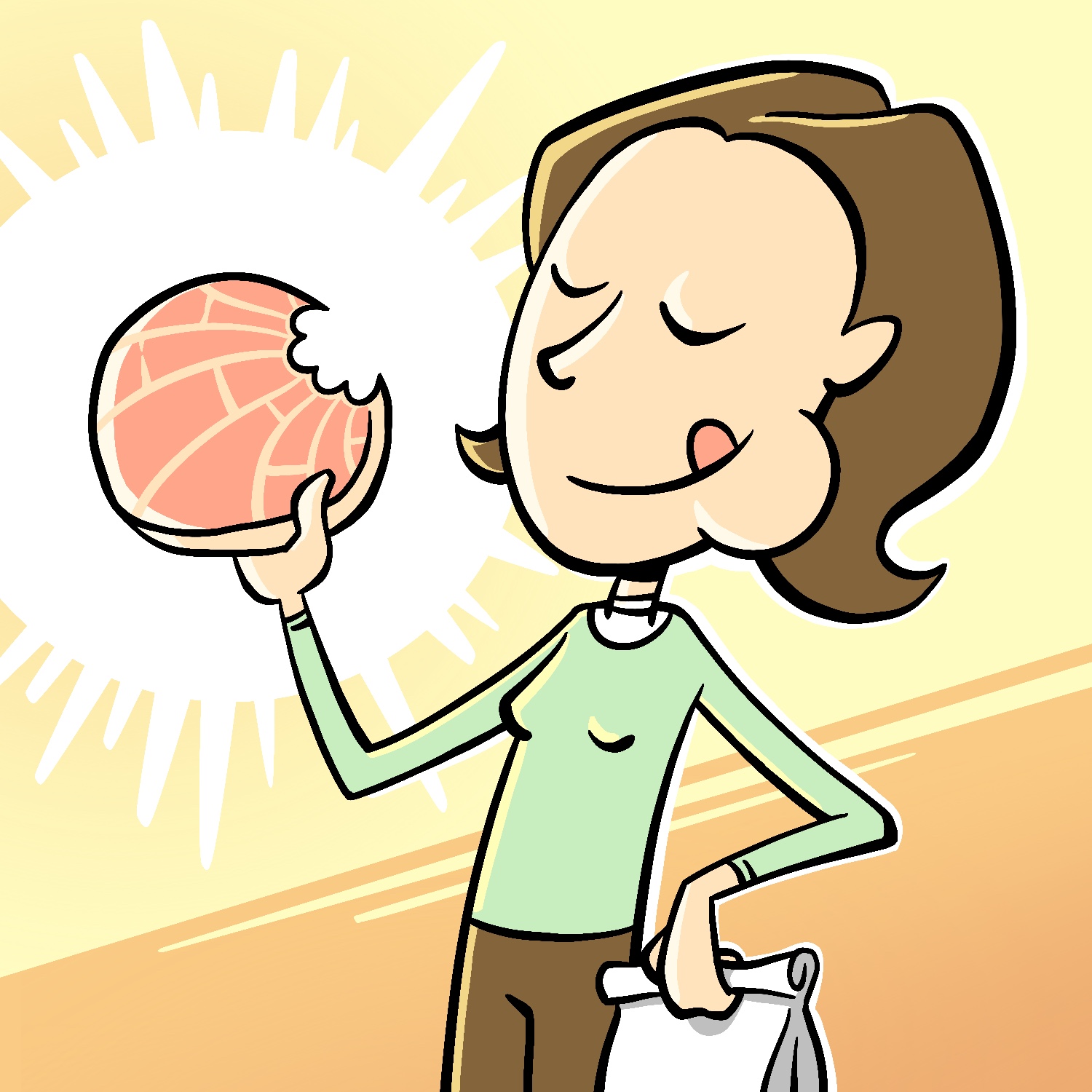 An illustration of a cartoon woman holding a large concha up in one hand. The woman has a light complexion and medium-length brown hair with curls at the tips. She is wearing a long-sleeved green top and brown pants. Her eyes are closed in a contented look, she is smiling with her tongue out, as if she is tasting something good, and she has a mouthful of food in her cheek. She is leaning backward slightly. The concha has a large bite taken out of it and is emanating light. The woman is carrying a white bag (presumably filled with other pastries) in her other hand. The background is a pale yellow with a light-orange streak going diagonally across the bottom.