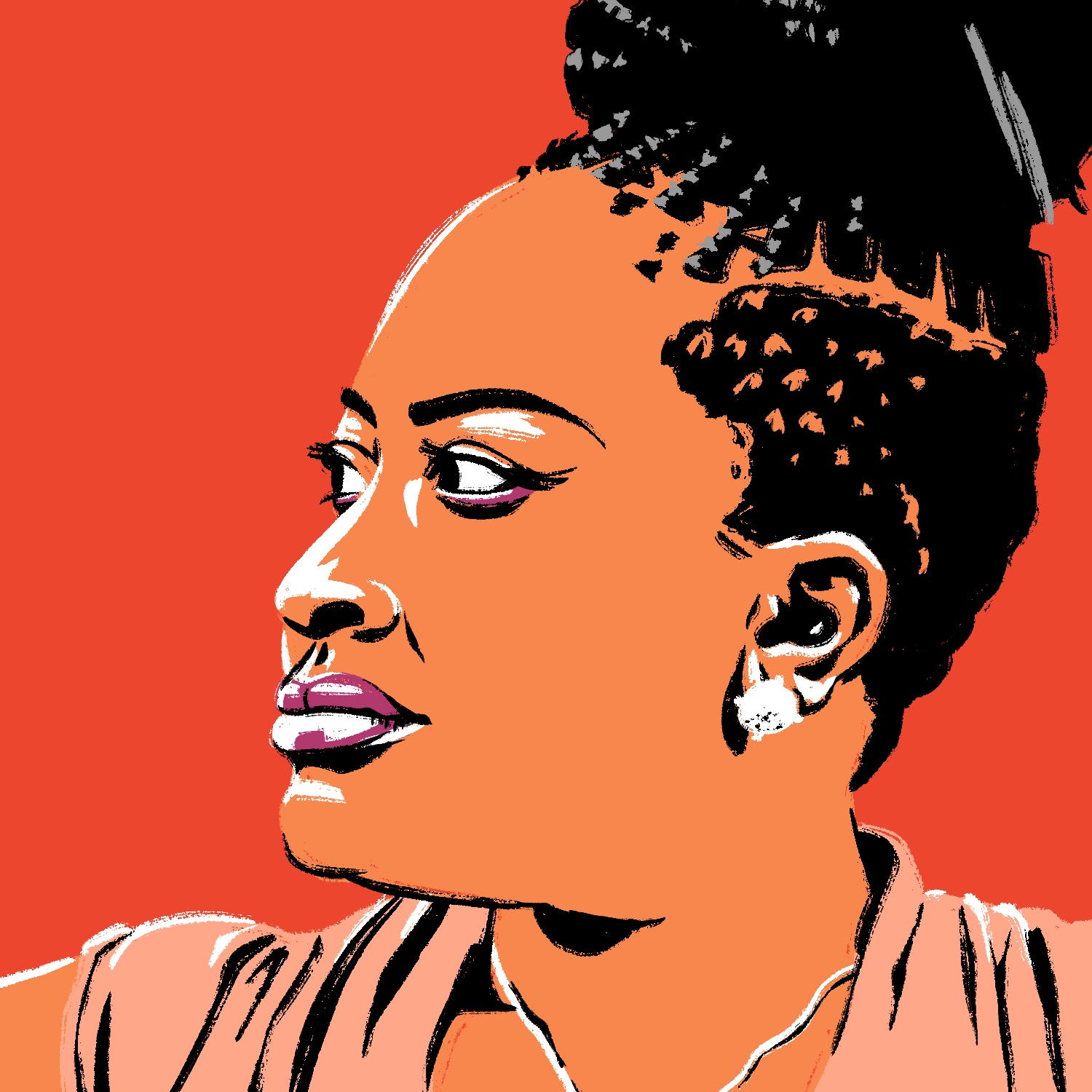 An illustration of a woman in profile. The woman's shoulders are facing the viewer, but her head is turned to the left. The woman has a dark complexion, and she has a very slight smile to her face. She has a round earring in her ear, and she is wearing plum-colored lipstick. Her hair and eyes are dark, and her hair is in braids and tide up above her head. She is wearing a thing necklace and a pink shirt with her arm visible on the left. The background is a garish red.