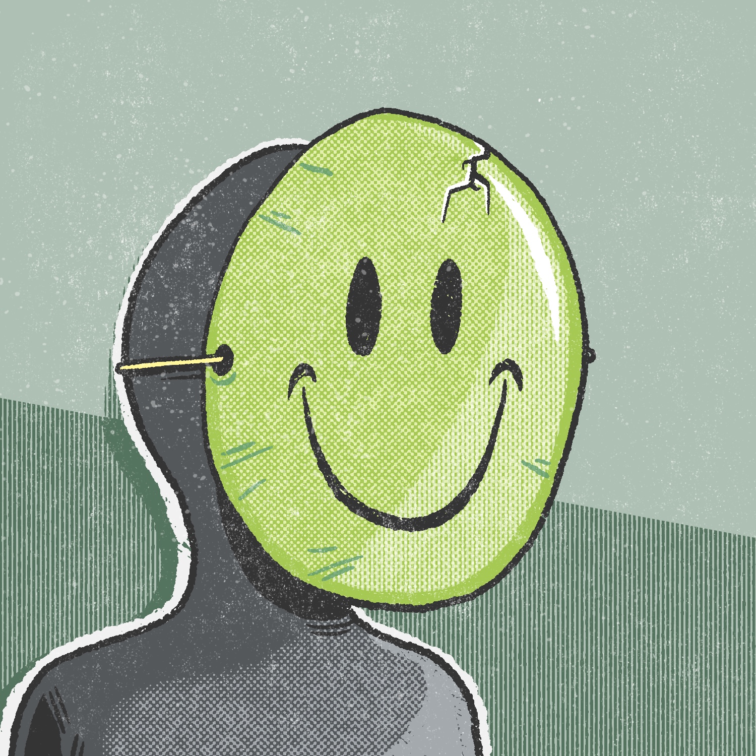 An illustration of a person in a black body suit, from the shoulders up, wearing a round mask with a smiley face on it. The mask is lime green and has scratches around the edge. There is a crack forming in it at the top right. The body suit is dark gray, and there is a light shining down from the right, brightening the edge of the mask and the right shoulder. The background is a pale green split in half with a darker green going diagonally down the bottom half. The image is made to look like an old comic book illustration, with blotchy ink lines, faded colors, and a thin layer of grunge over the entire image.