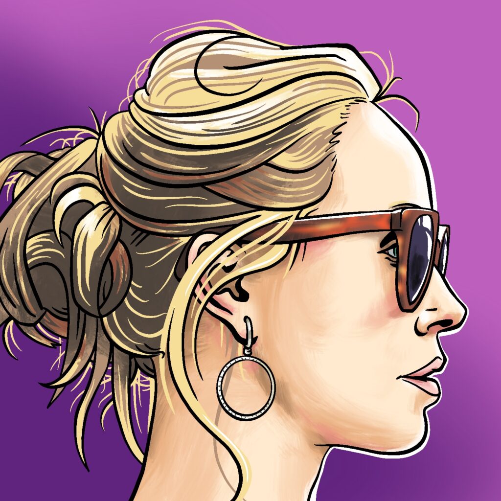 An illustration of a woman in profile. The woman is facing right and is wearing a pair of sunglasses. The woman has a light complexion, pink lips, and green eyes. She has blond hair with a darker brown underneath and towards the bottom, and it is tied up behind her head. She is wearing a silver hoop earring in her visible ear. The sunglasses are a transparent brown with dark blue lenses. The woman is drawn in black outlines with painterly shading. The background is a purple that fades a little darker as it goes from top to bottom.