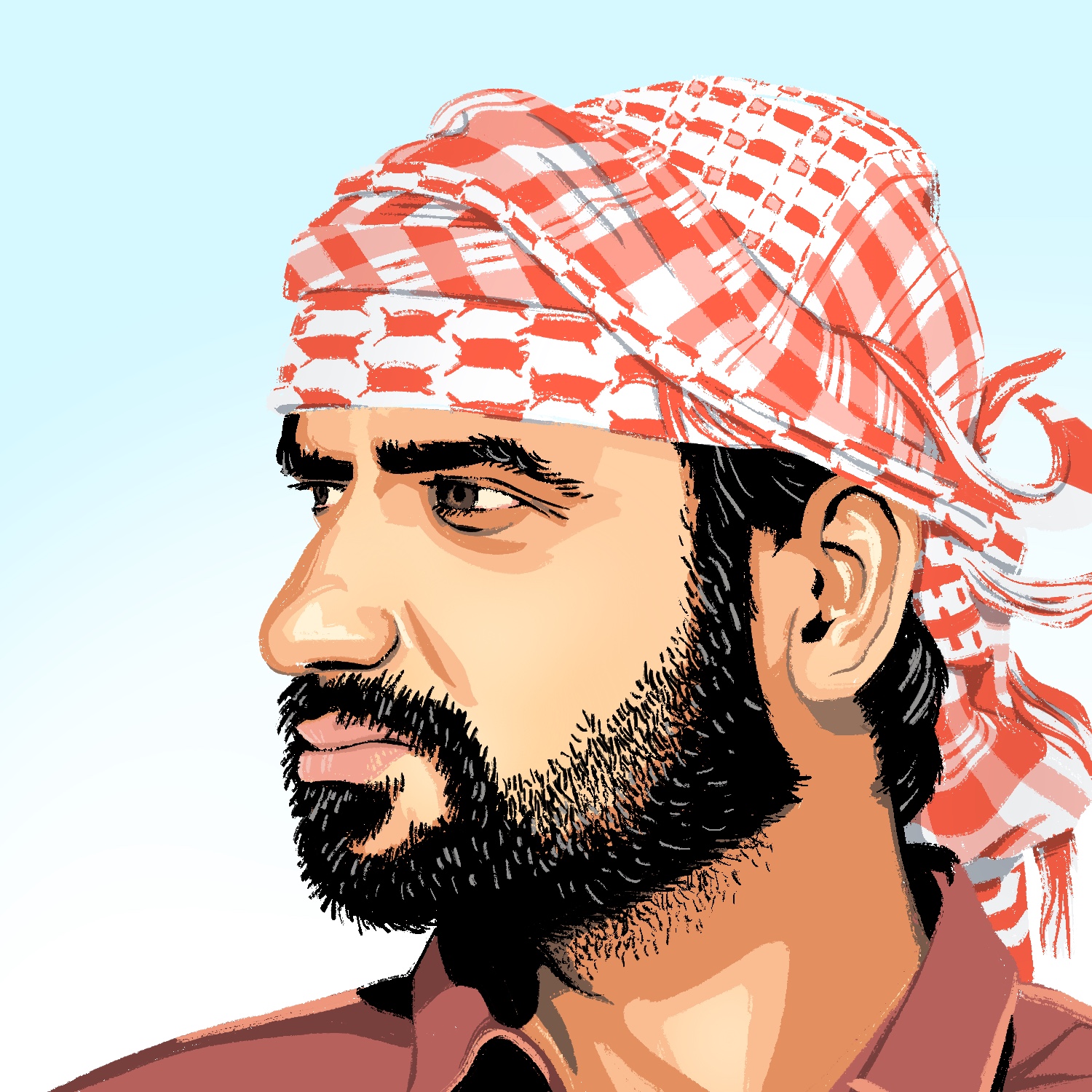 An illustration of a man with a mustache, beard, and headscarf, looking to the left. The man has a medium complexion, dark hair, and dark eyes. He looks like he is scowling slightly, as if he is looking into the sun. His beard is trimmed neatly but is also growing in on his neck a bit. His headscarf is covered in various red and white patterns. He is wearing a magenta shirt. The background is a light blue that fades to white at the bottom.