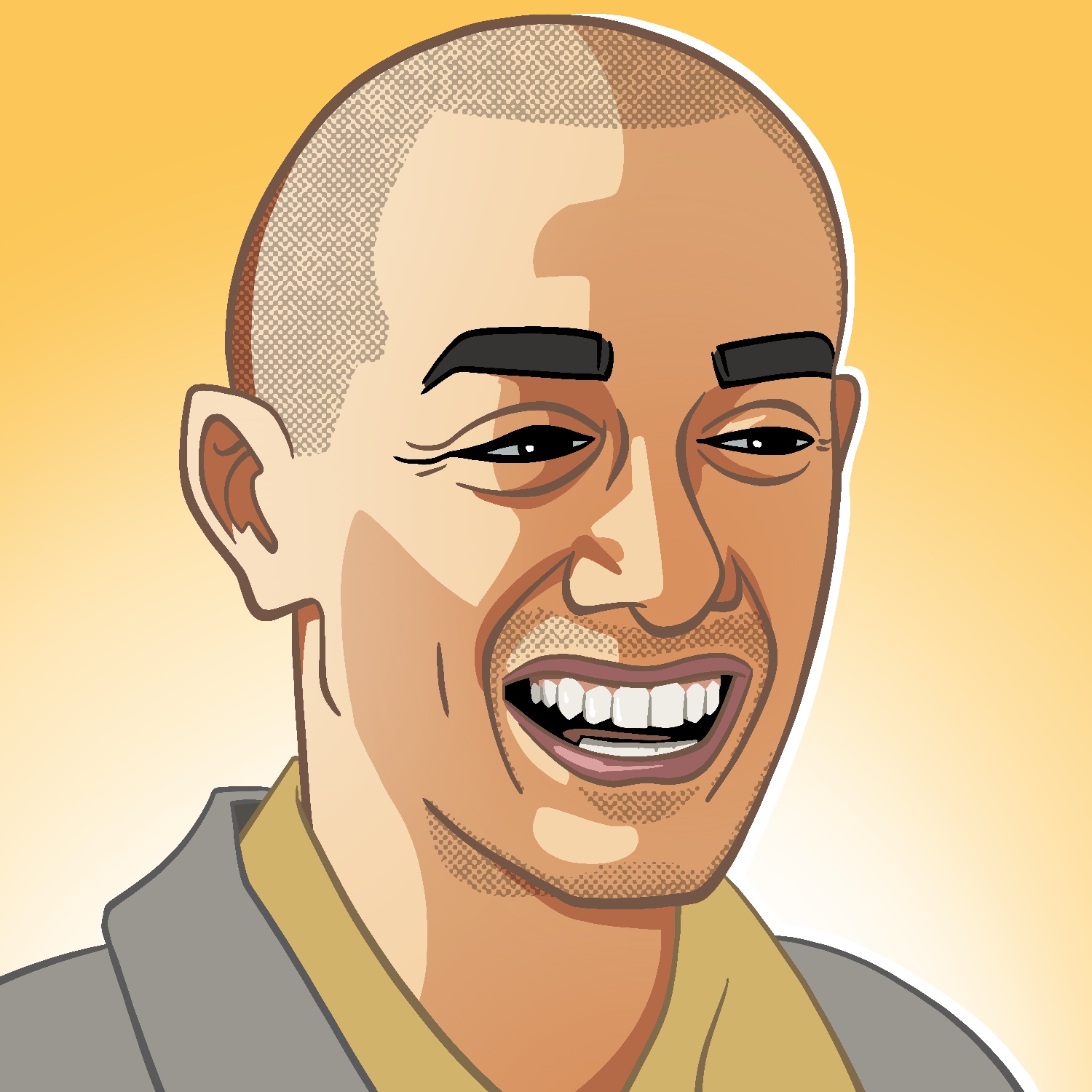 An illustration of a man laughing. The man has a medium complexion and is shaved bald, with only stubble left behind. His eyes are squinting and his mouth is open. He is wearing a mustard yellow shirt and a gray coat. The background is a gold color that fades to white as it goes from top to bottom.