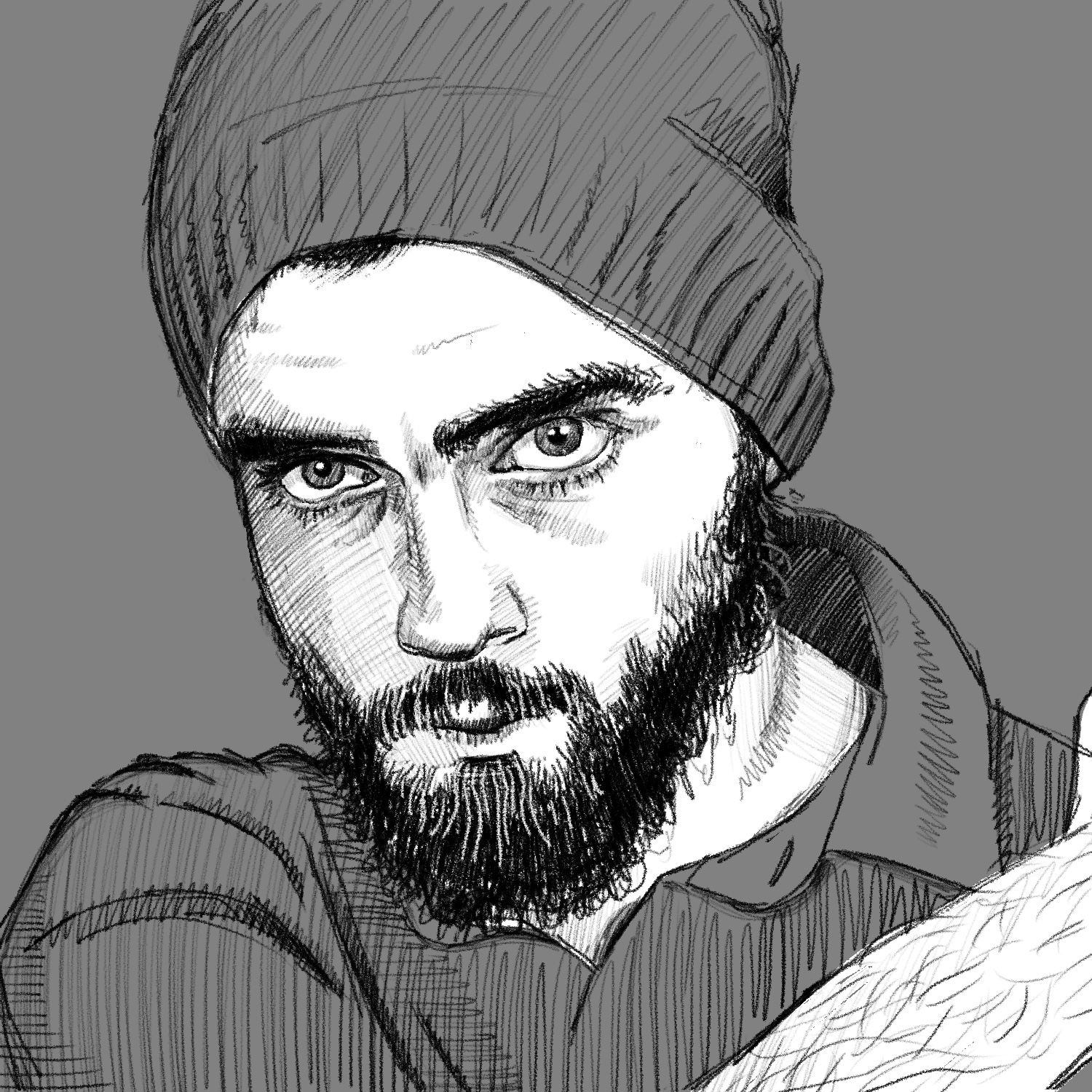 An illustration of a man wearing a beanie. The man has a light complexion, hairy eyebrows, and a messy beard. He has dark eyes and a serious look on his face. He is wearing a collared shirt and has his right arm over his chest, crossing up to have a hand on his left shoulder. He is looking towards the viewer. The drawing is done in a sketch style, in black and white, with a gray shade covering all parts of the drawing that aren't the man's face or arm.