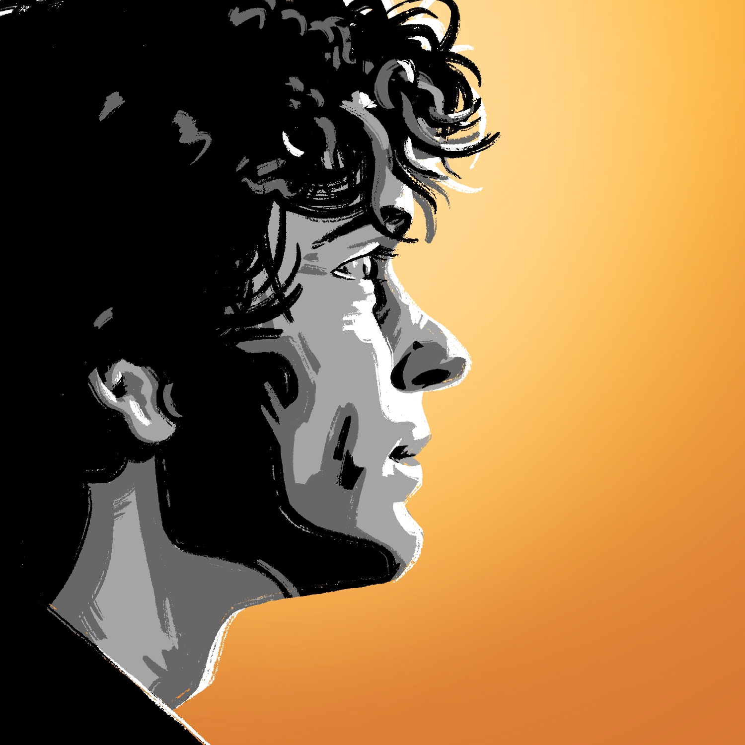 An illustration of a man in profile, looking to the right. The man is drawn in black and white with posterized colors and a rough brush. The man has a blank expression on his face and appears to have a light complexion. His hair is very curly, and it sticks out over his forehead and droops over his eyebrow and ear. A bright light source illuminates his profile, leaving his jawline, neck, and hair in deep shadow. The background is a bright gold that fades to orange towards the bottom of the image.