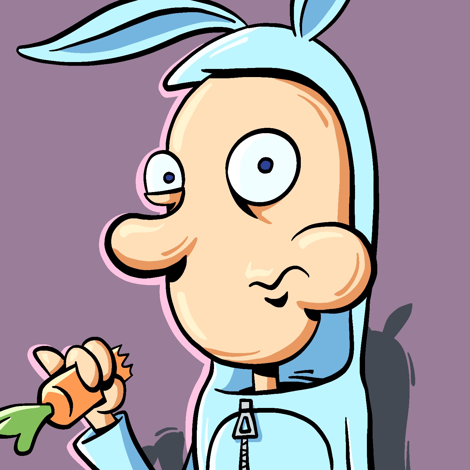 An illustration of a man wearing a bunny suit and eating a carrot. The illustration is in a cartoon style. The man has a large bulge of carrot in his cheek and is staring at the viewer as if he's been caught doing something. He is holding a carrot with a large bite taken out of it in his right hand. The bunny suit has a hole cut out for the man's face, two floppy ears on top, and a large zipper down the front. The man had a light complexion and blue eyes. The suit is a light blue. The background is a faded purple with a darker gray splotch for the man's shadow.