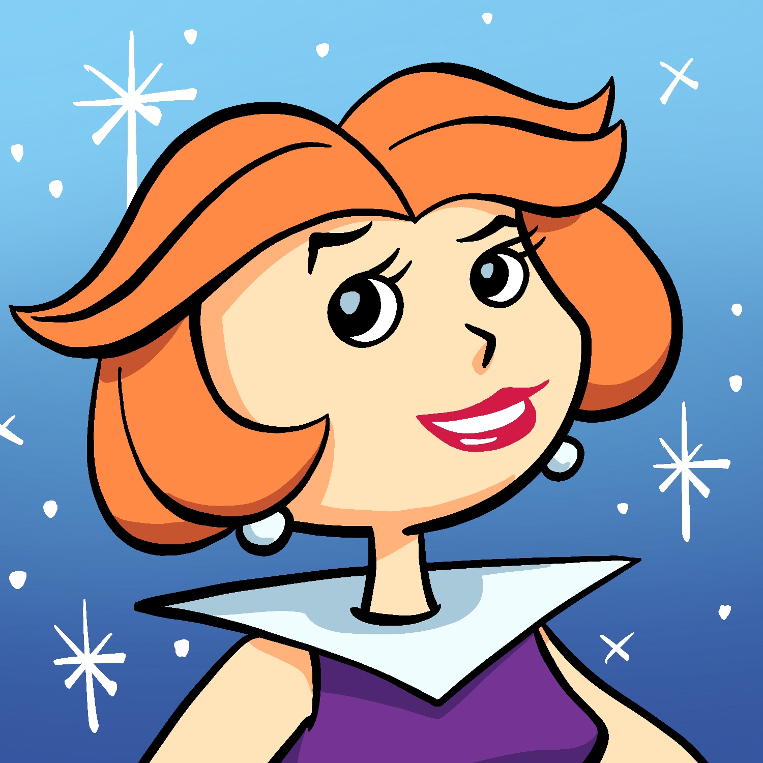 An illustration of Jane Jetson, from the cartoon The Jetsons. Jane is facing the viewer but looking up to the left, as if rolling her eyes. She is smiling. She has a light complexion, red hair, pearl earrings, and is wearing her usual sleeveless purple top with large, white triangular collar. The background is a dark blue that gets lighter towards the top, with white stars drawn over it in a retro asterisk style.